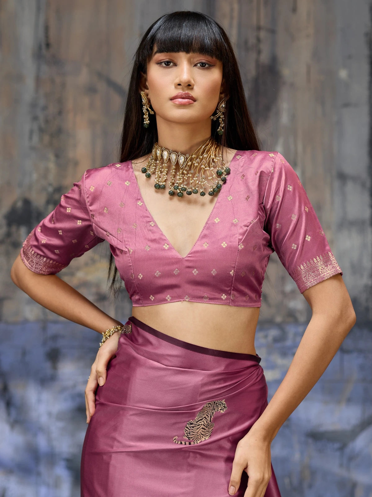 Tarani pink satin handloom saree blouse close view with elegant woven detailing
