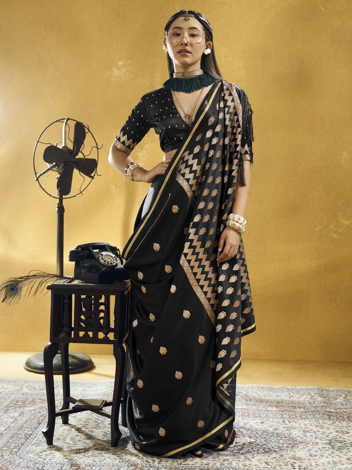 Tarani black Pure Satin Handloom Weaving saree front view with elegant woven pallu