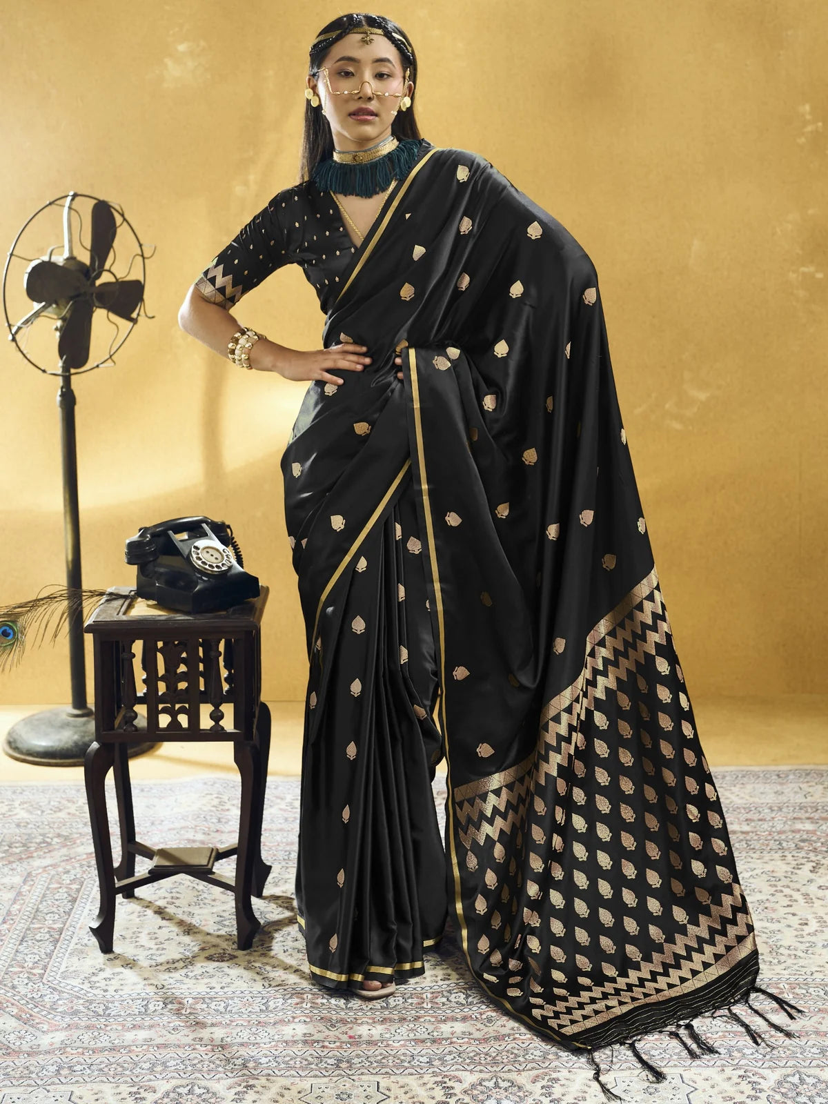 Tarani black Pure Satin Handloom Weaving saree full view with woven border and blouse piece