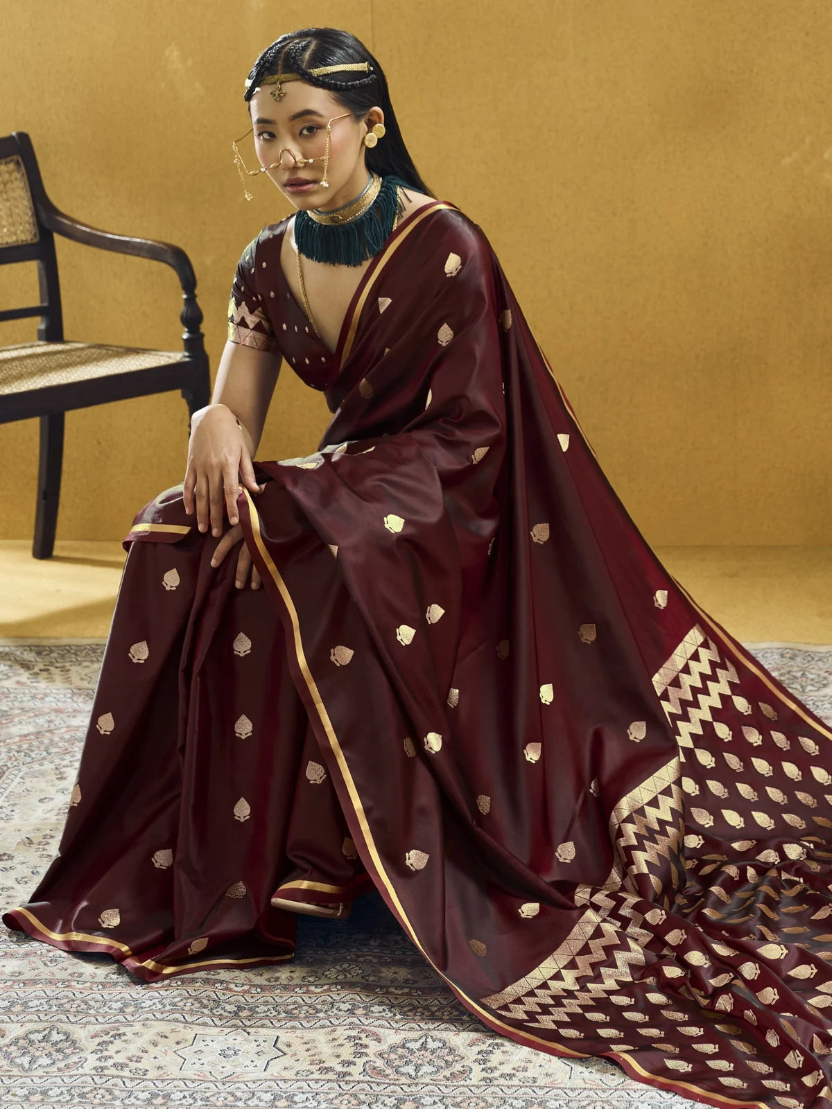 Tarani maroon Pure Satin Handloom Weaving saree elegant front seated view
