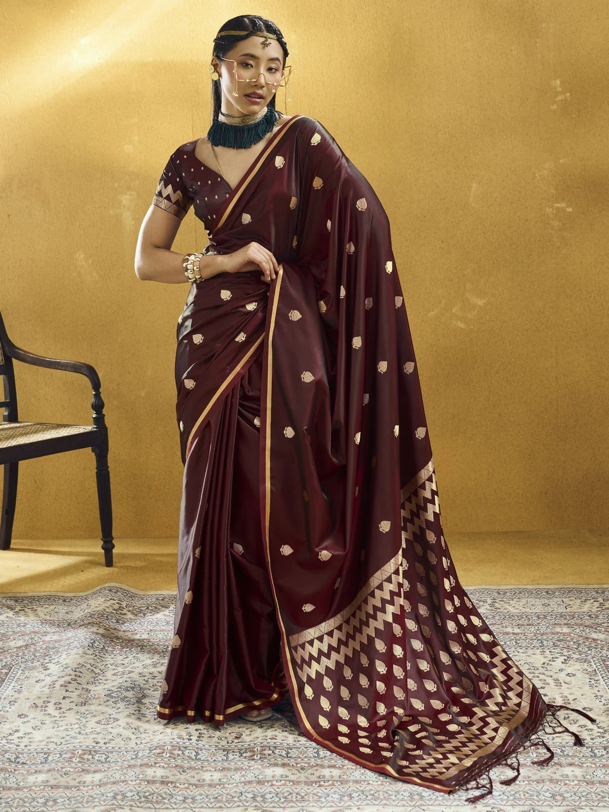 Tarani maroon Pure Satin Handloom Weaving saree full front view with woven border and blouse piece