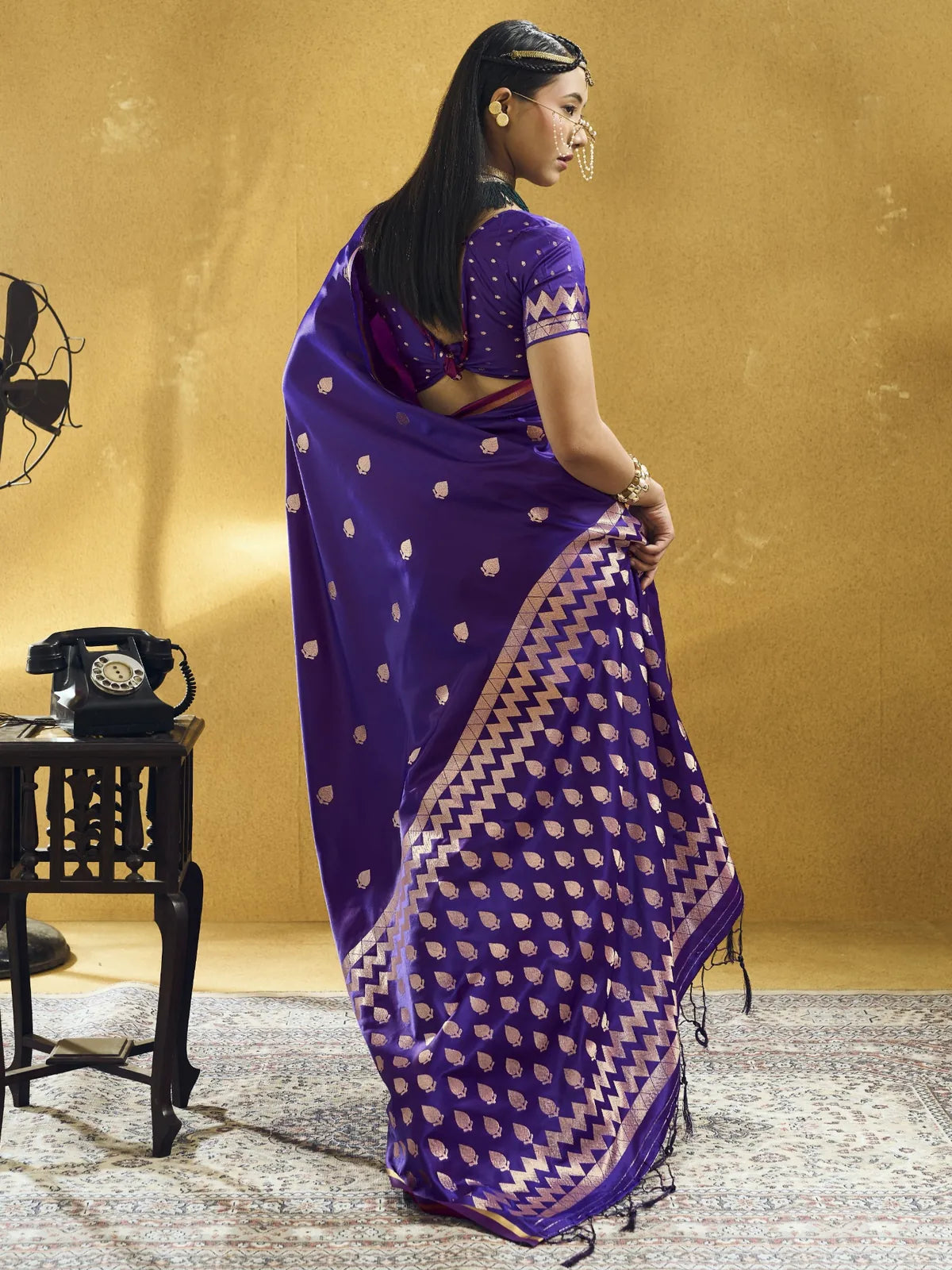 Tarani purple pure satin handloom weaving saree back view