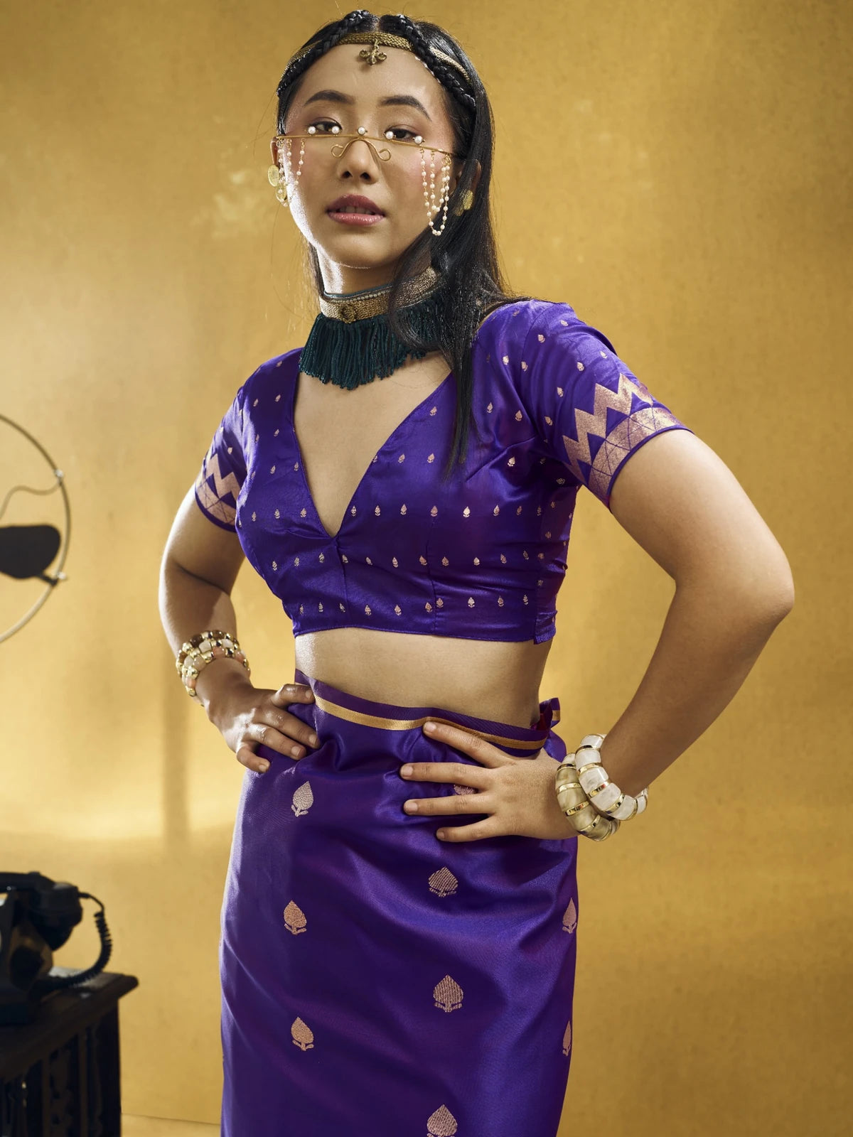 Tarani purple pure satin handloom weaving saree upper body blouse design
