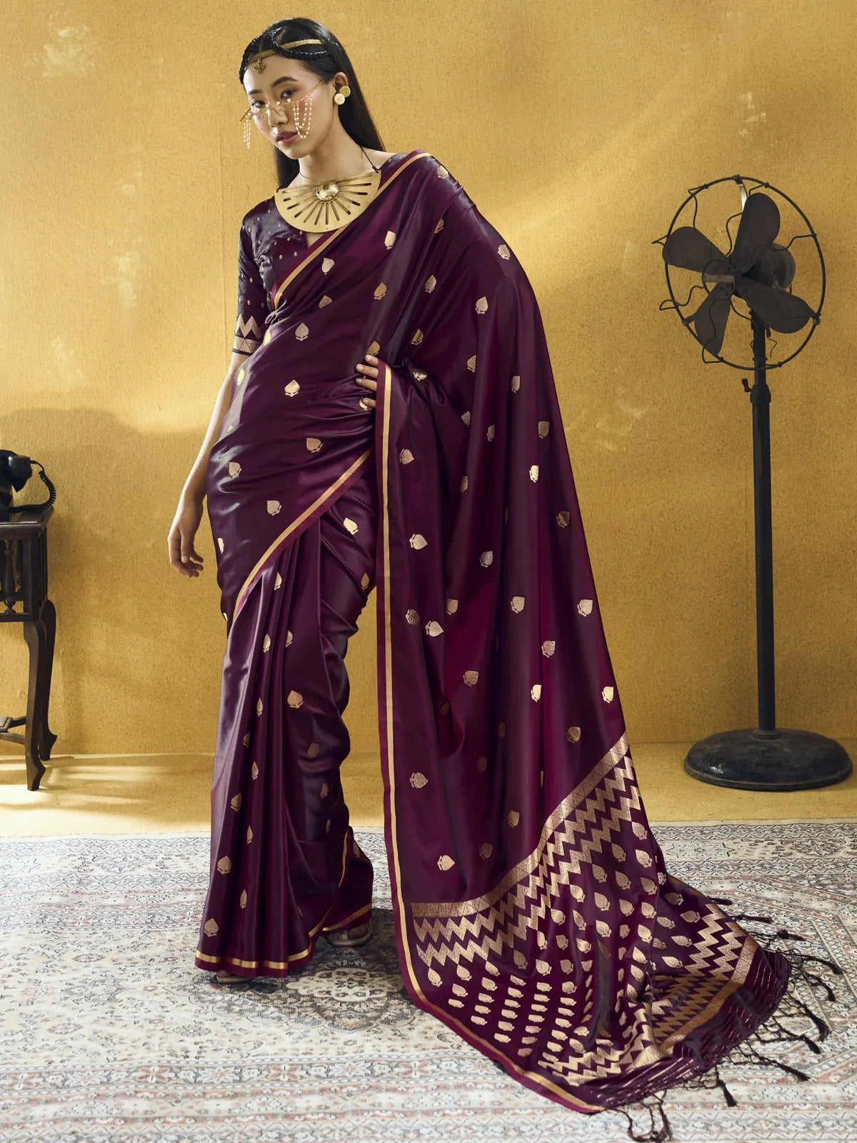 Tarani wine Pure Satin Handloom Weaving saree full view with zari woven motifs and blouse