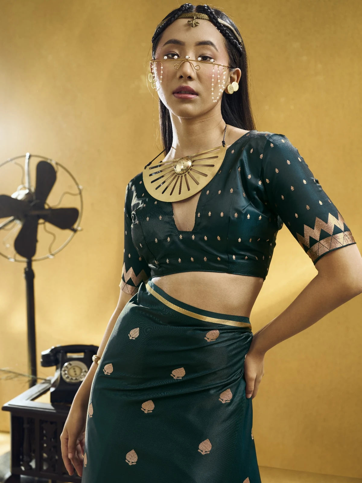 Tarani green pure satin handloom weaving saree upper body view with woven zari design
