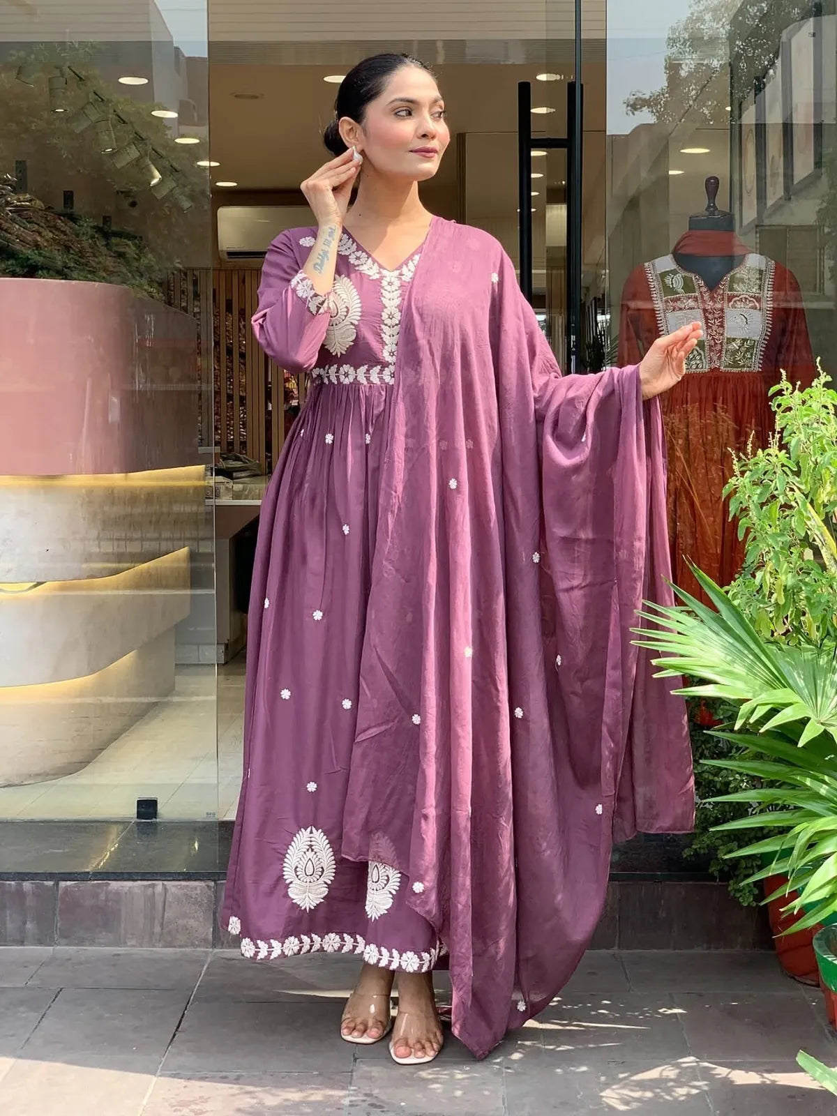 Tarani PV Chanderi purple festive dress with embroidery and flared drape full view