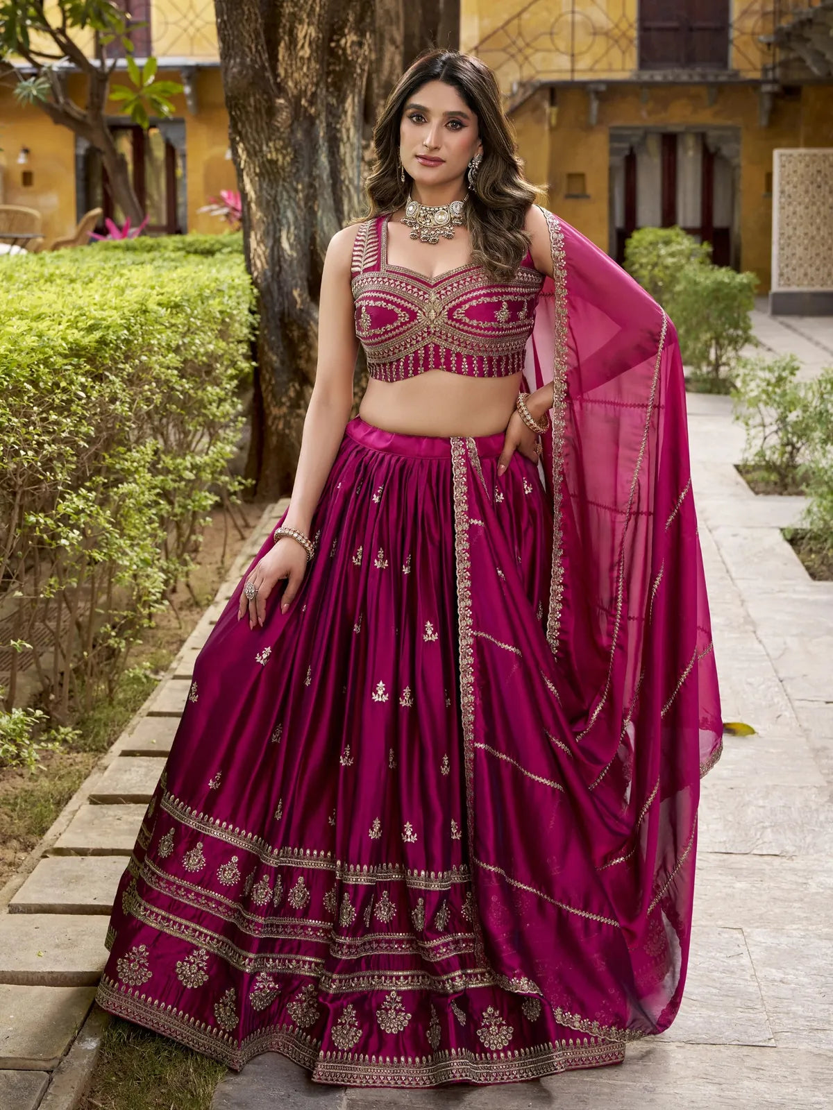 Tarani magenta rangoli lehenga with embroidered blouse and dupatta full view