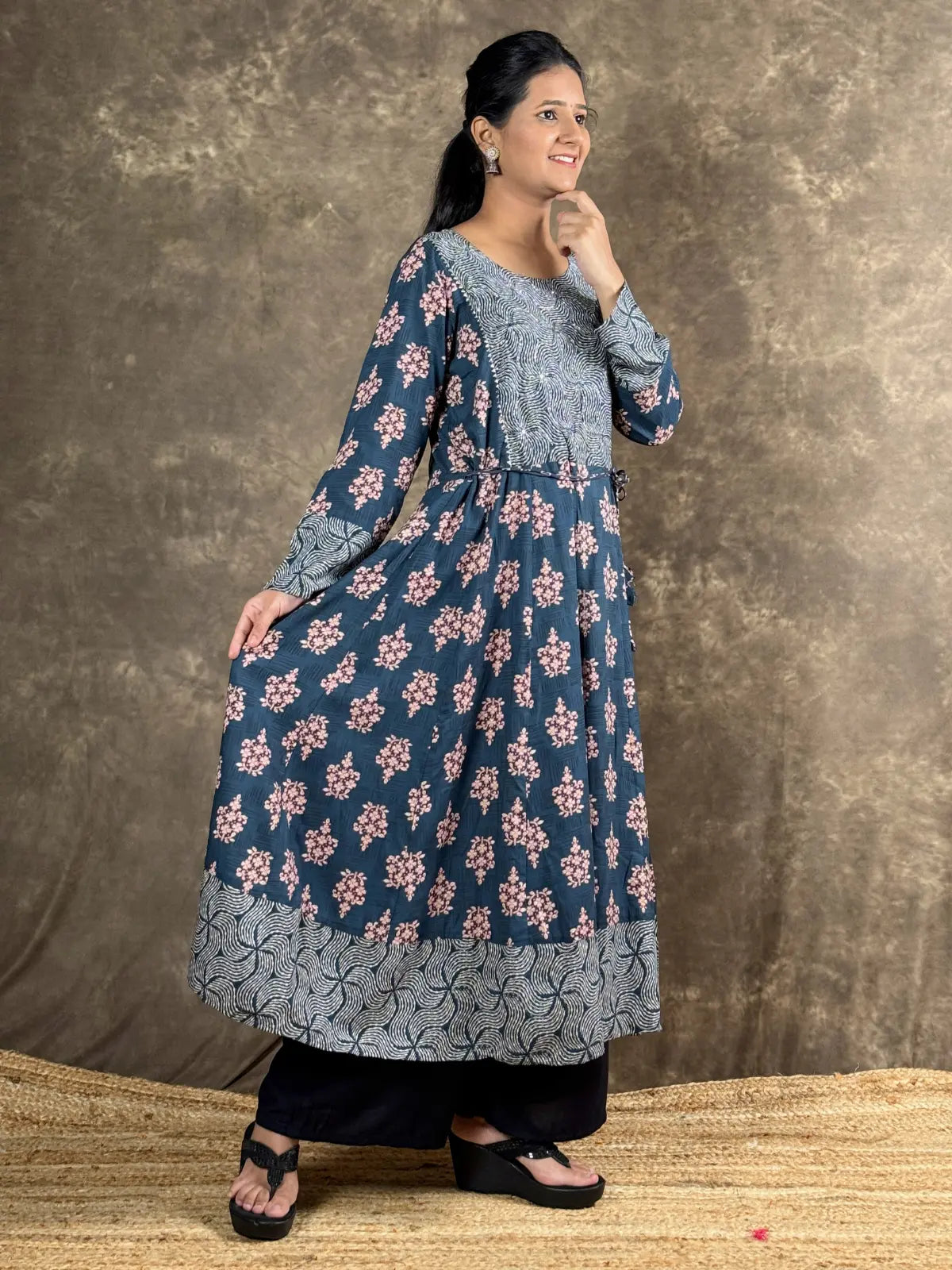Tarani premium blue rayon midi dress with floral print front view