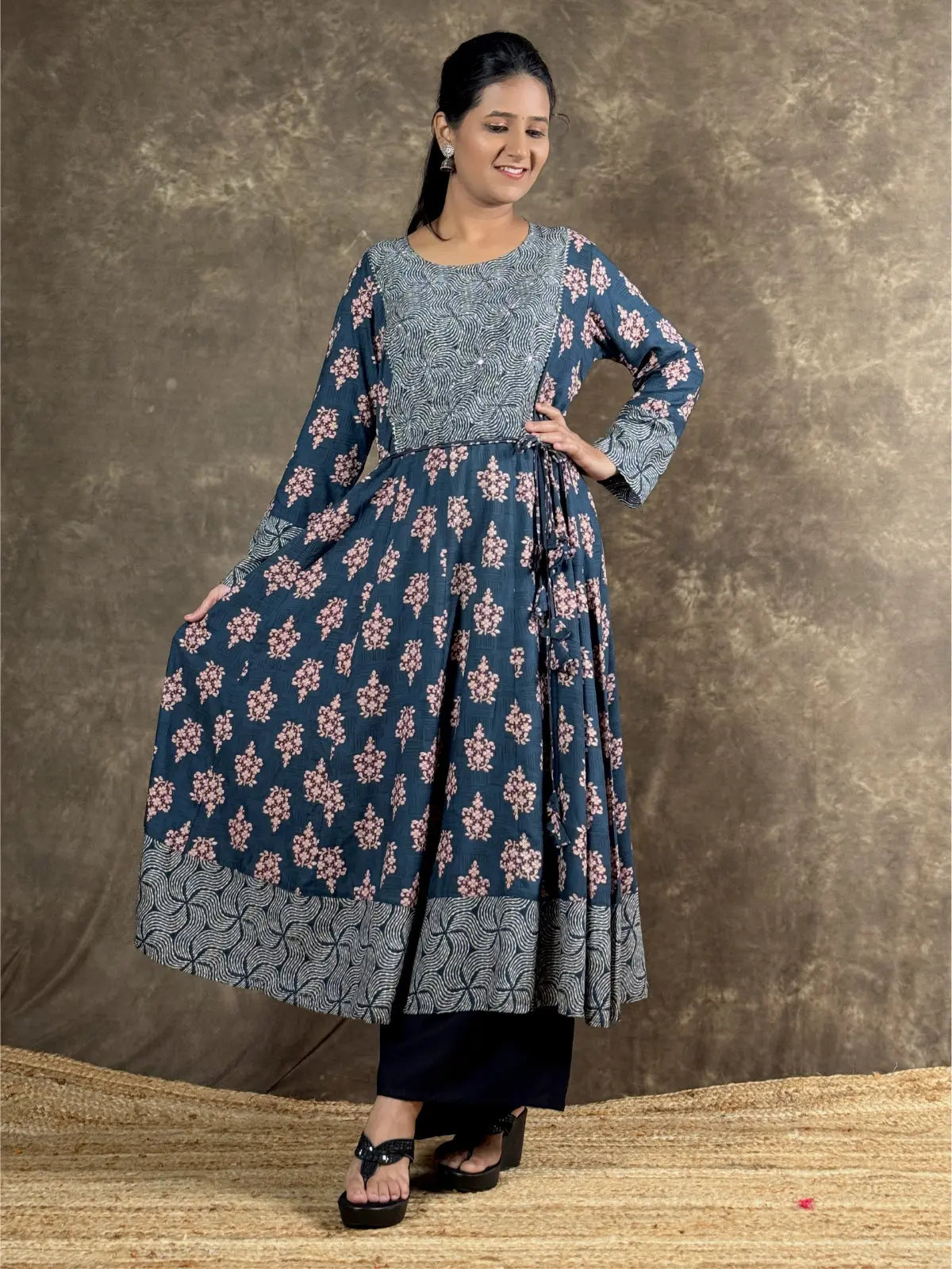 Tarani premium blue rayon midi dress with floral print full view