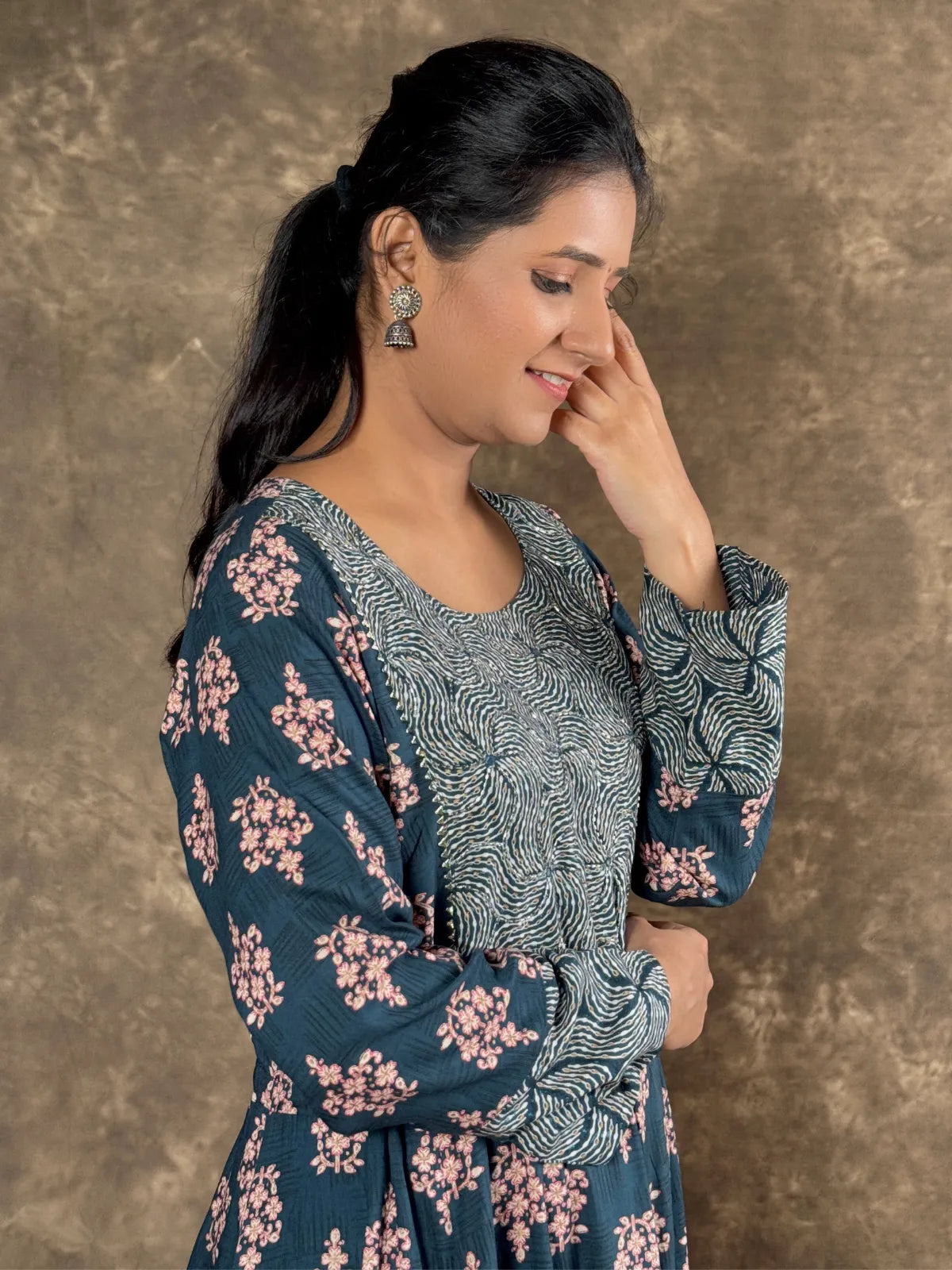 Tarani premium blue rayon midi dress with floral print upper body view