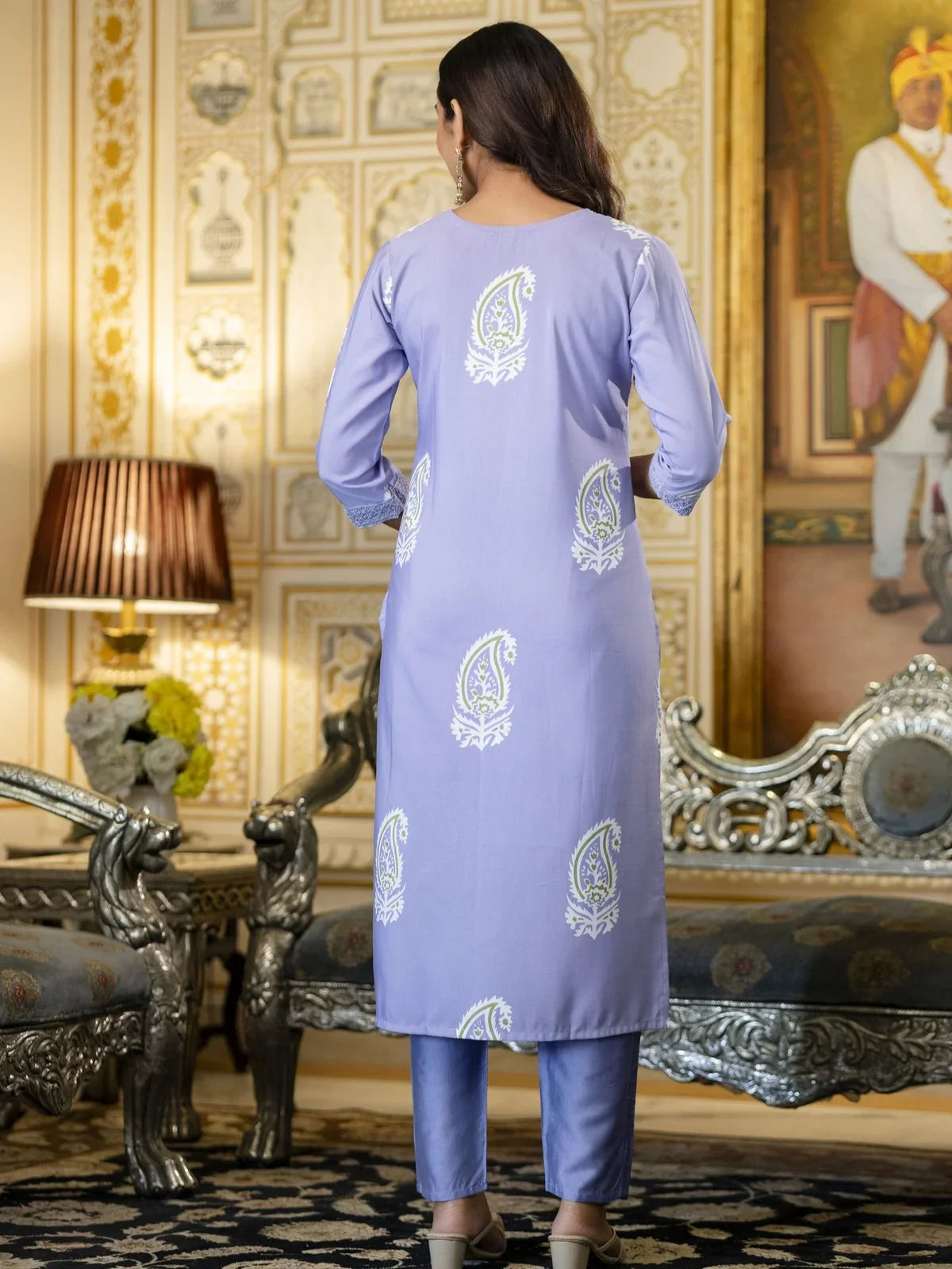 Tarani lavender rayon dress with back view showcasing festive ethnic elegance