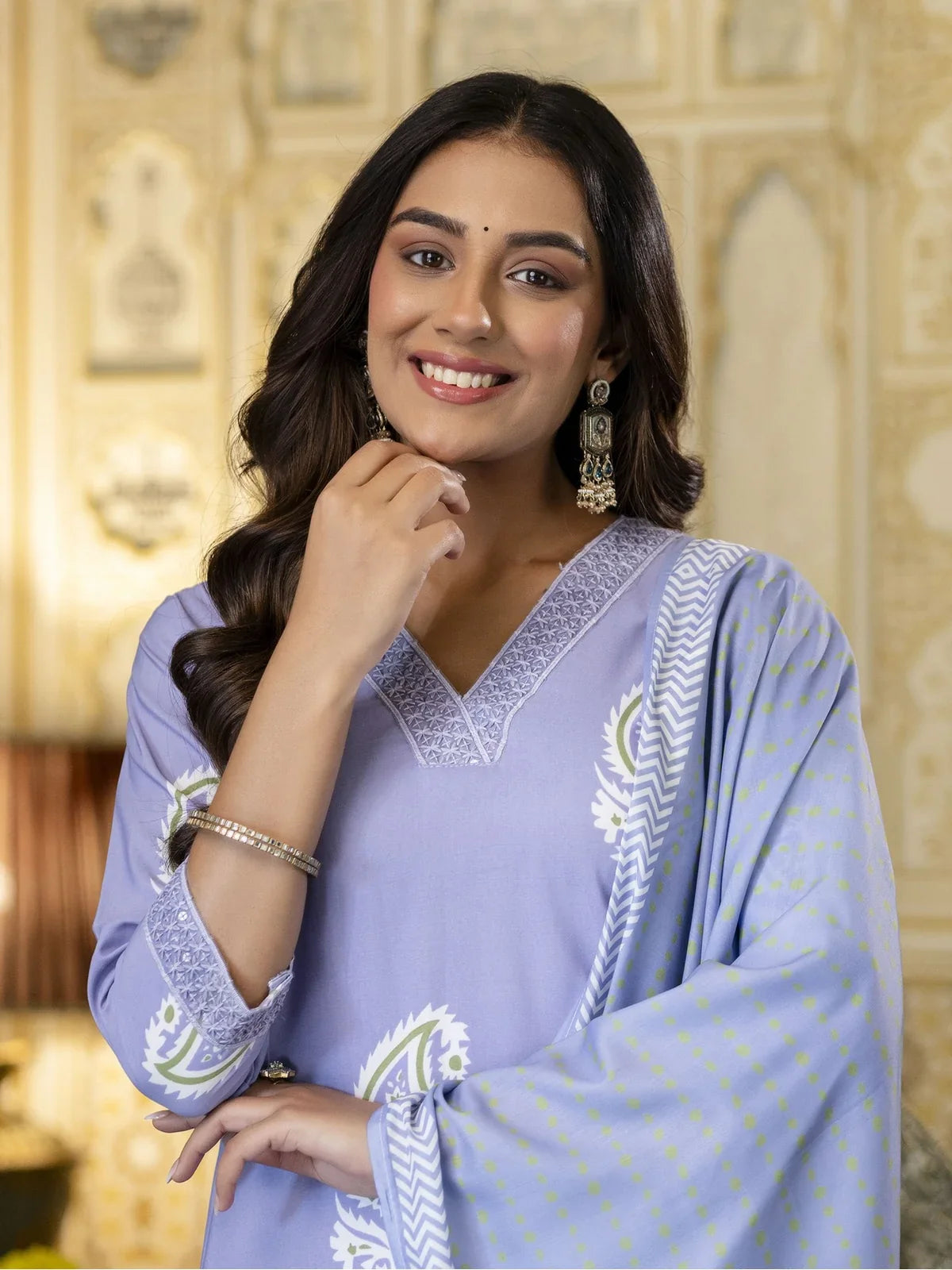 Tarani lavender rayon dress with upper body view showcasing festive ethnic elegance