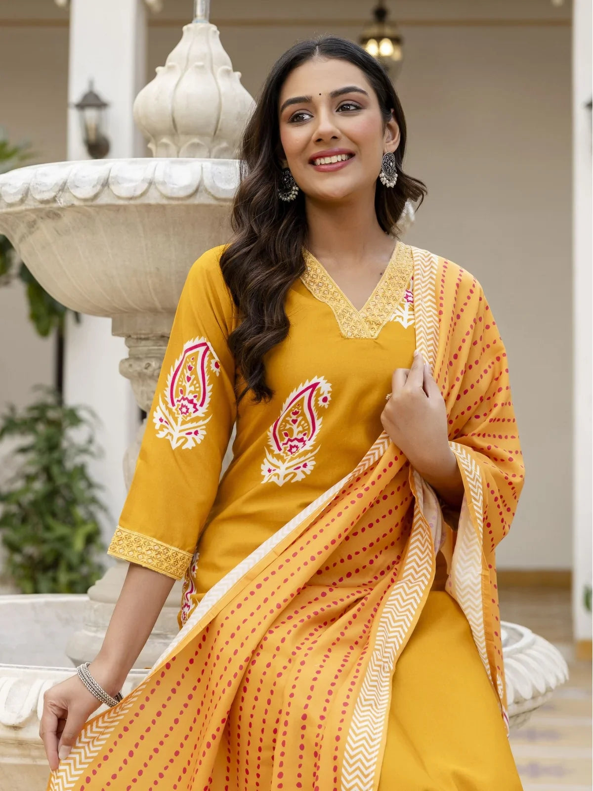 Tarani rayon festive mustard dress set with detailed embroidery and elegant neckline – upper body view