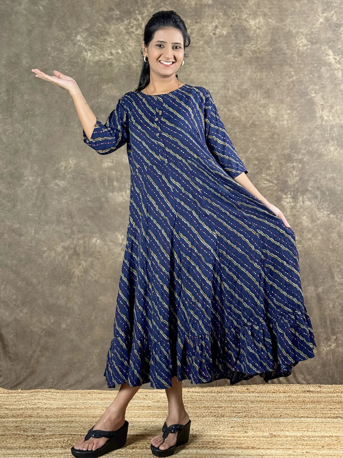 Tarani premium navy blue rayon midi dress full view showcasing flowy silhouette