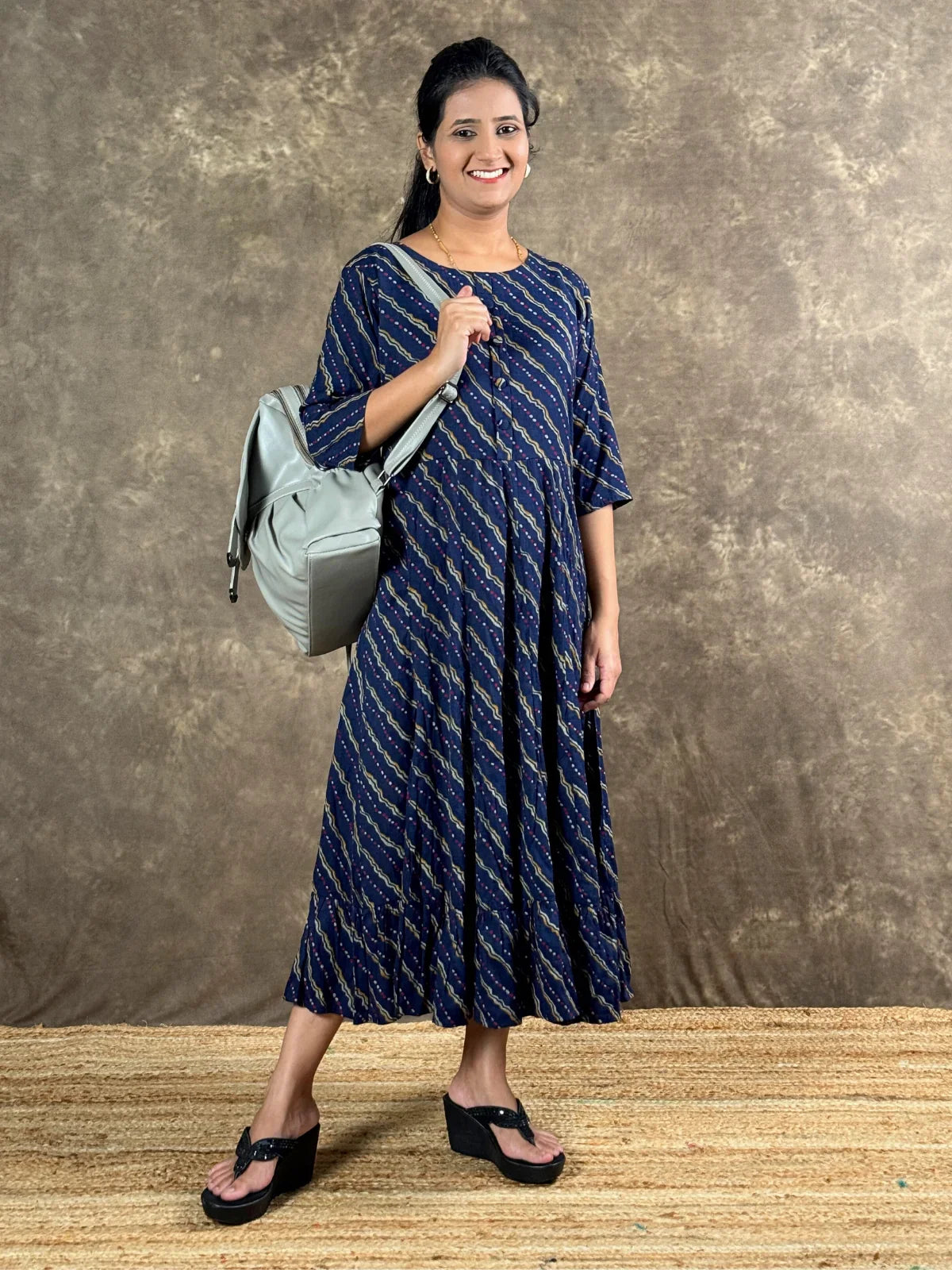 Tarani navy blue rayon midi dress complete front full view with classic elegance