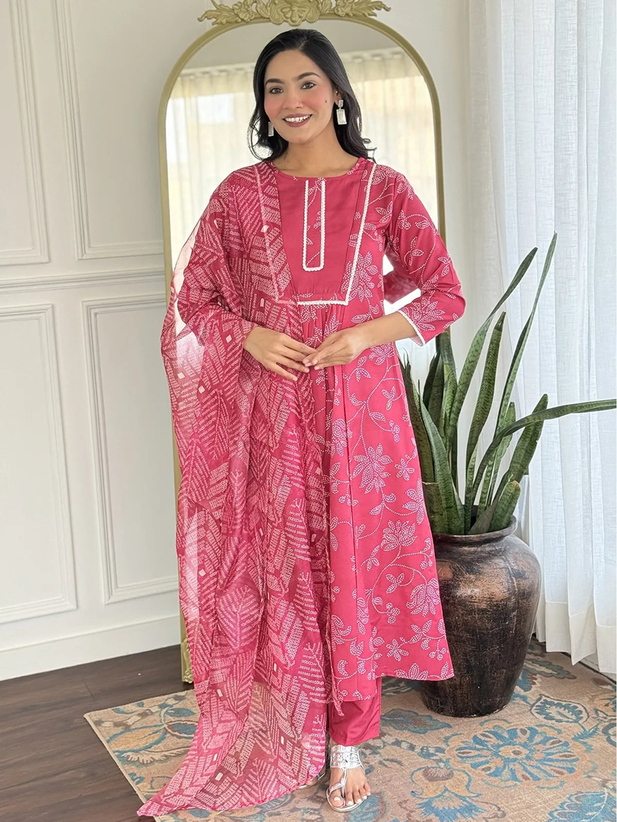 Tarani rayon pink embroidered festive dress with printed dupatta front full view