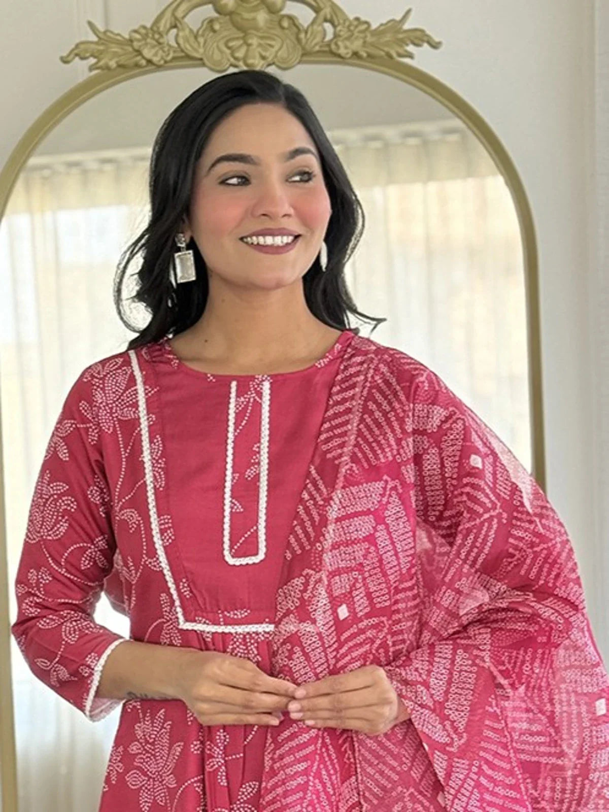 Tarani rayon festive pink dress with taby dupatta – upper body pose