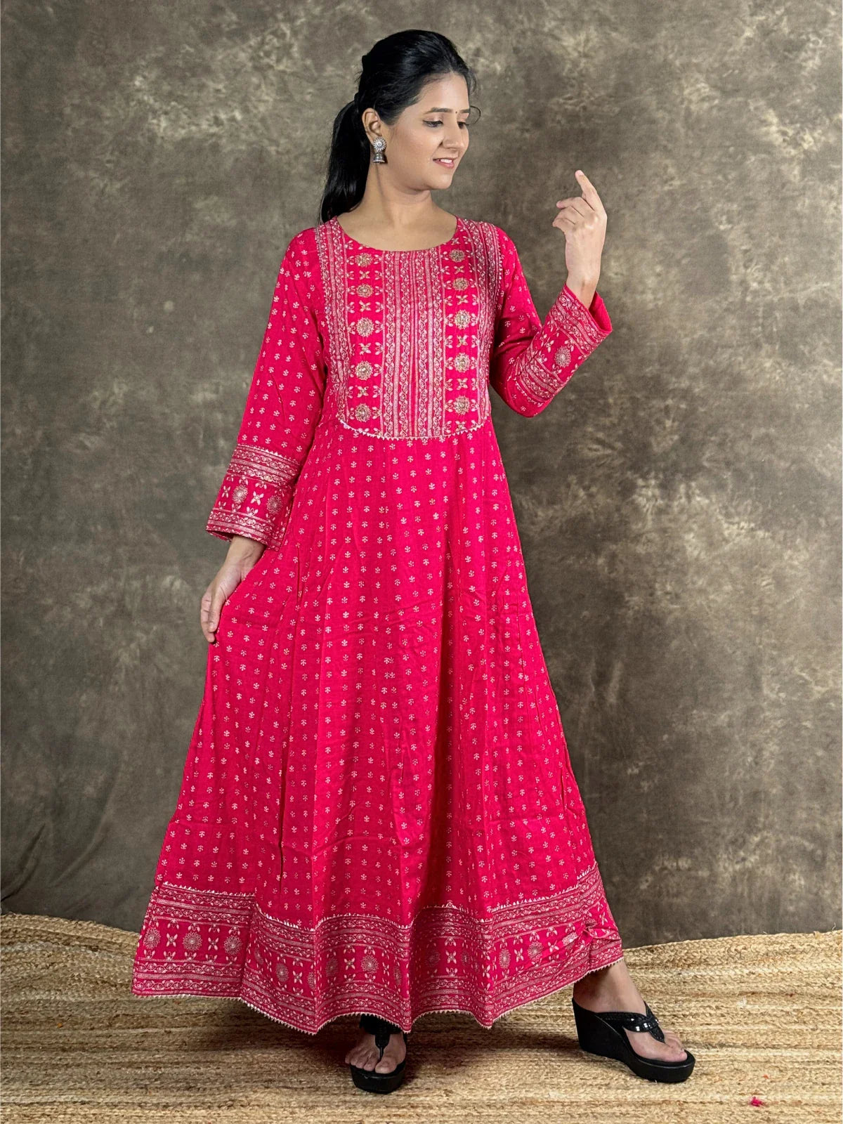 Tarani premium pink rayon anarkali full view dress with embroidery and flare