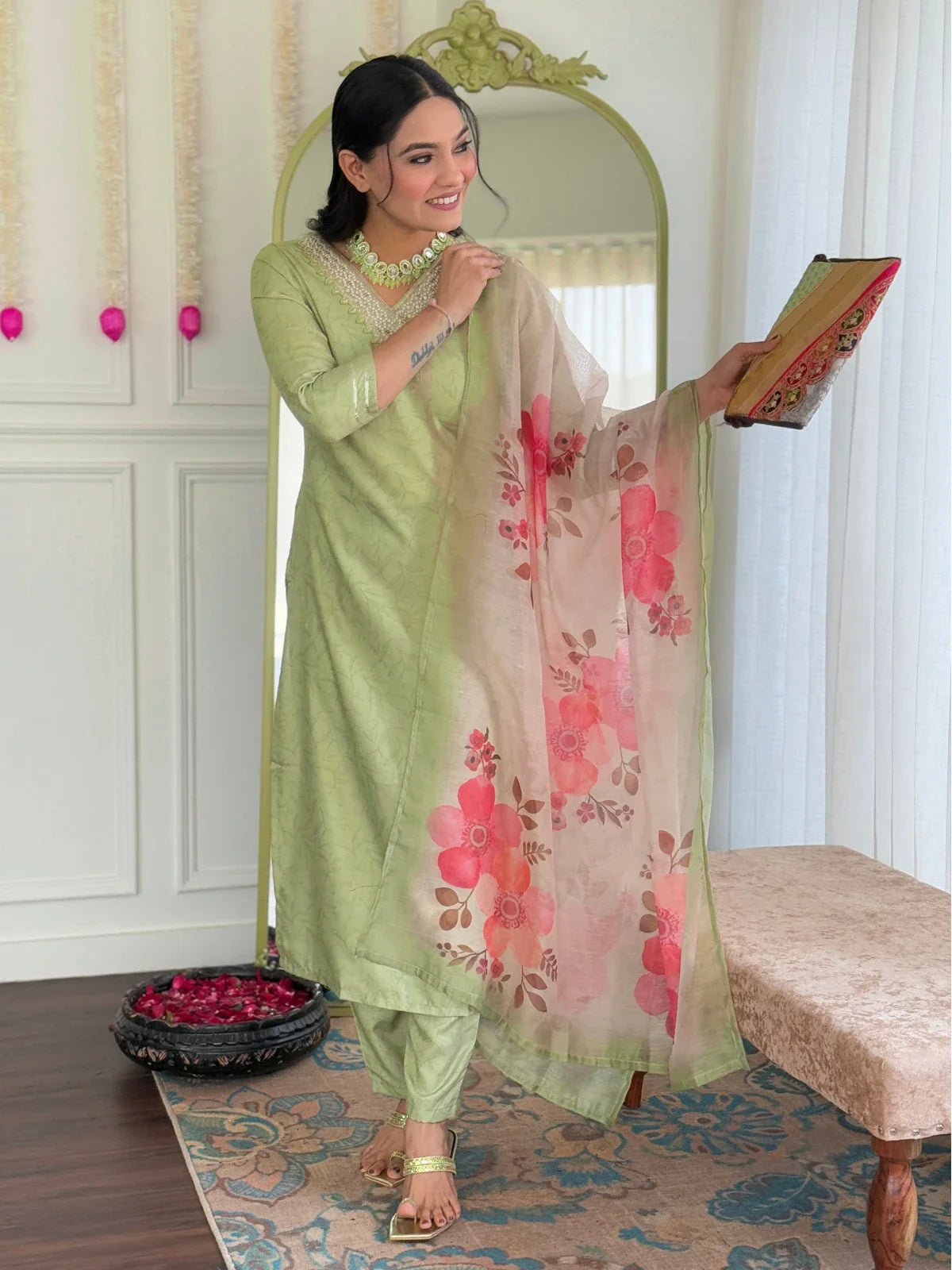 Tarani pista rayon embroidered kurti set with pants and printed chanderi dupatta full view