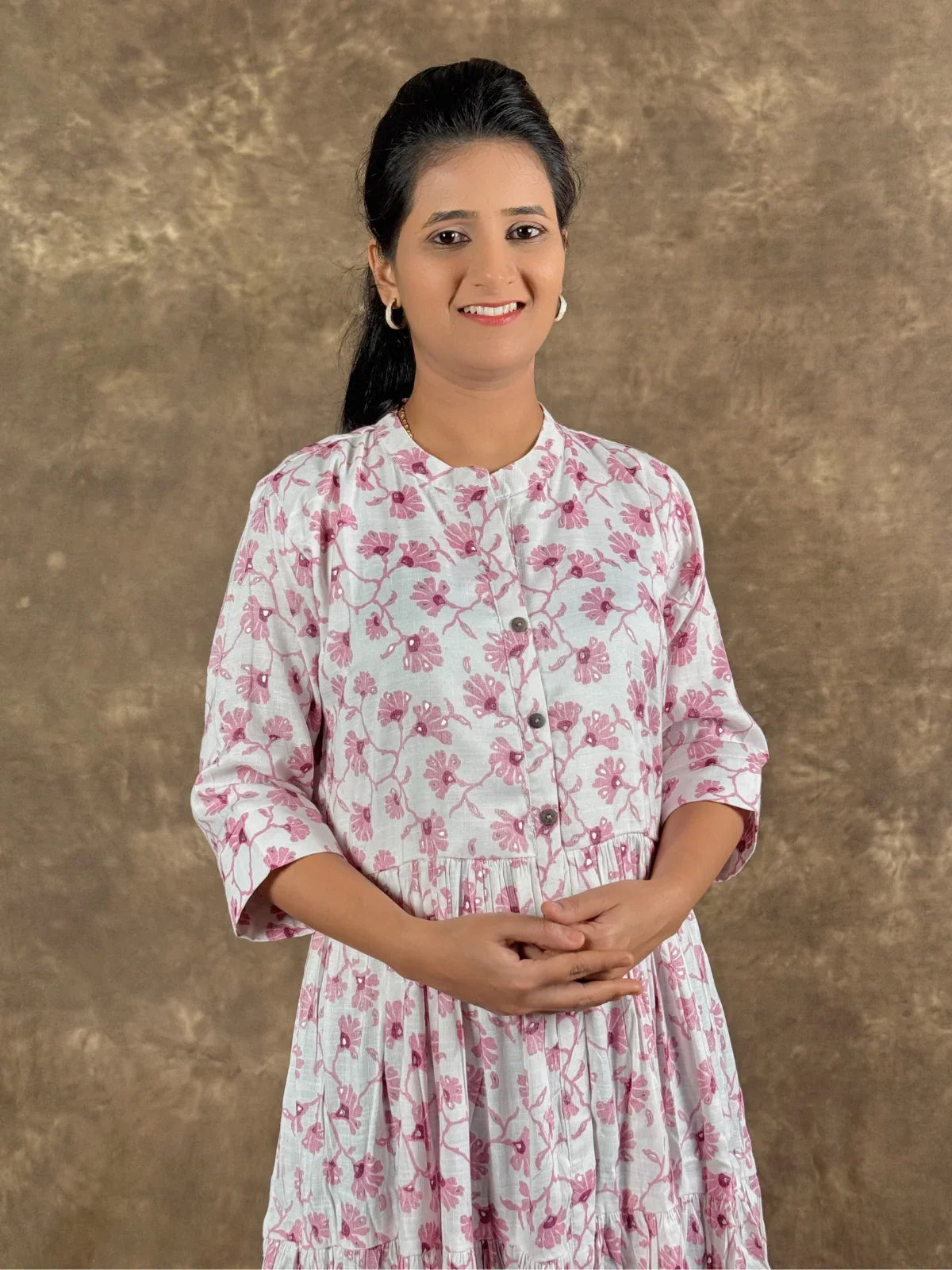 Tarani white pink rayon midi dress floral front view with button detailing