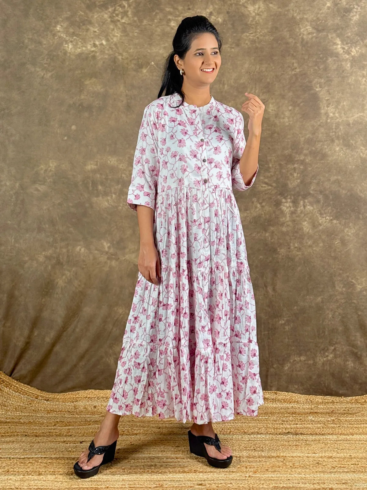 Tarani white pink rayon midi dress floral print full view with elegant flare