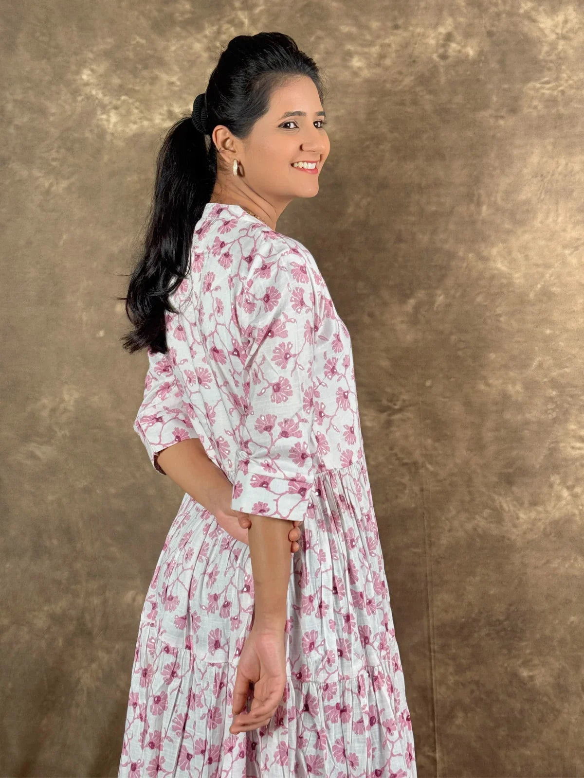 Tarani rayon midi dress white pink floral design side view with flowy fit