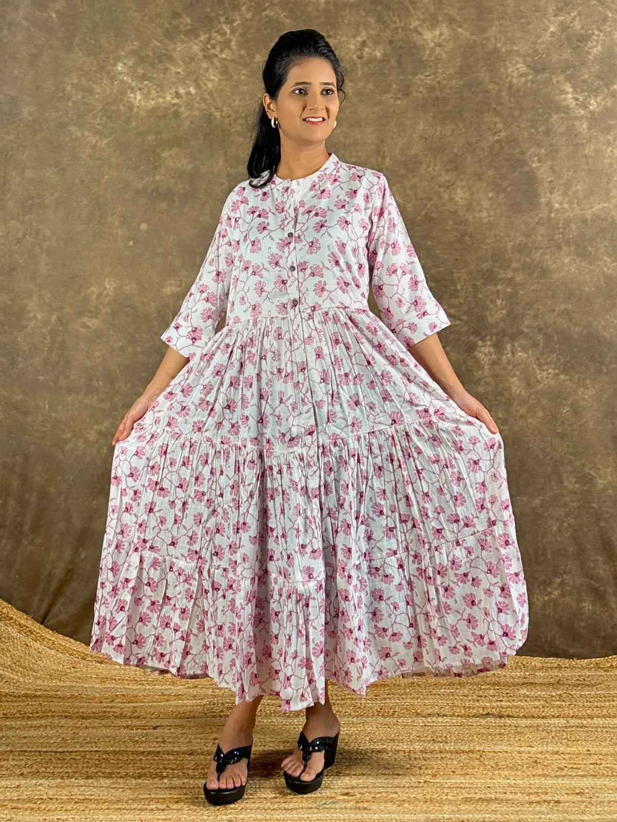 Tarani rayon midi dress white pink floral upper body view with 3/4 sleeves