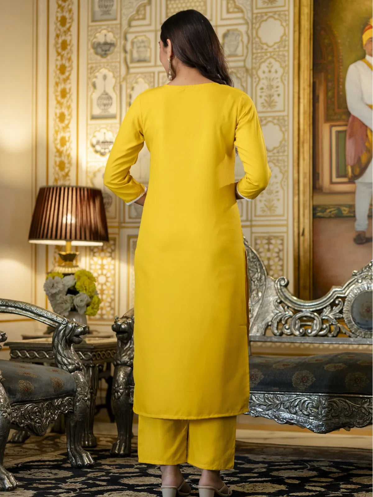 Tarani yellow rayon kurti and pant back design with soft silhouette - back view