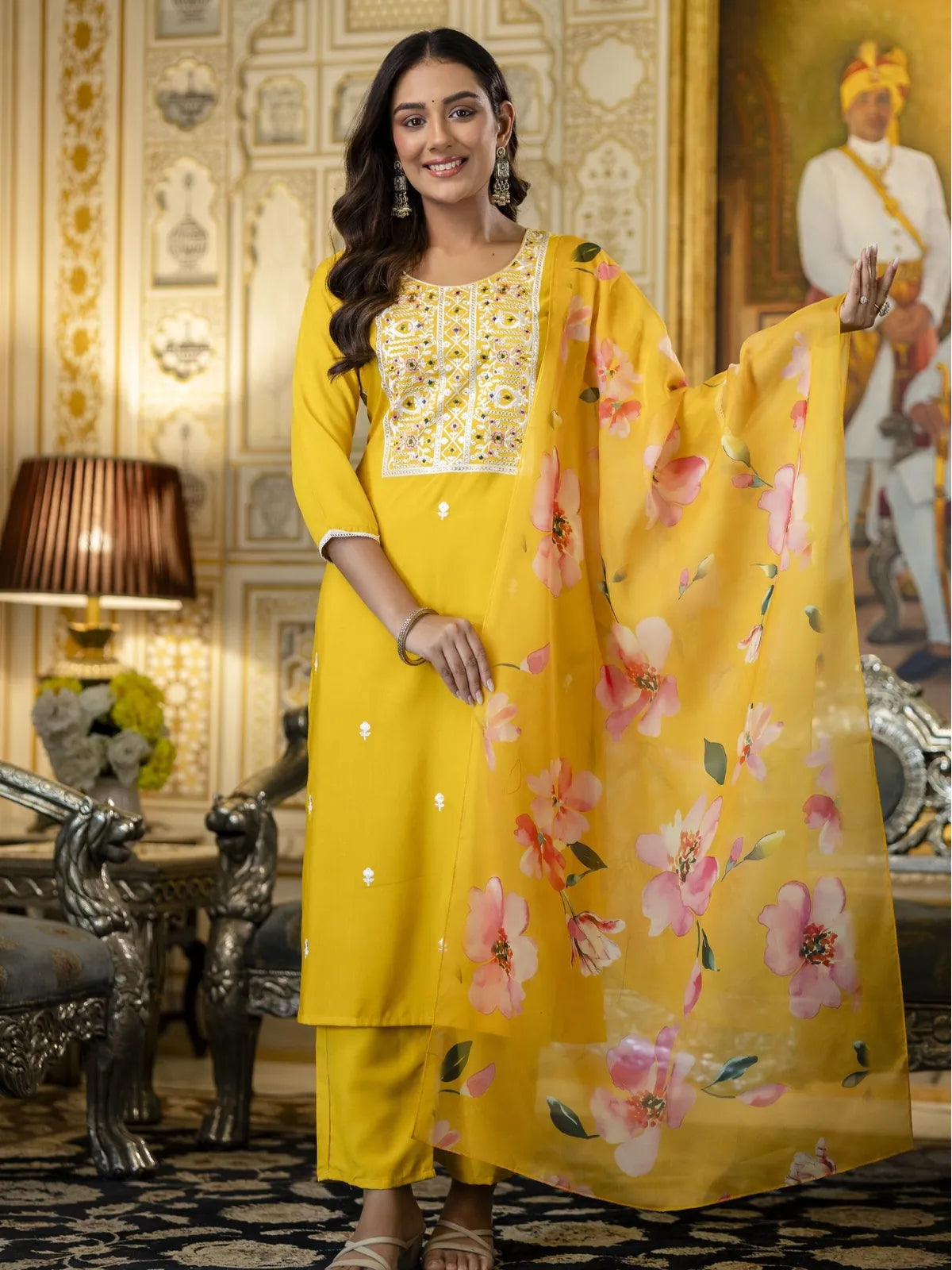 Tarani festive yellow rayon embroidered kurti set with printed floral dupatta - front view