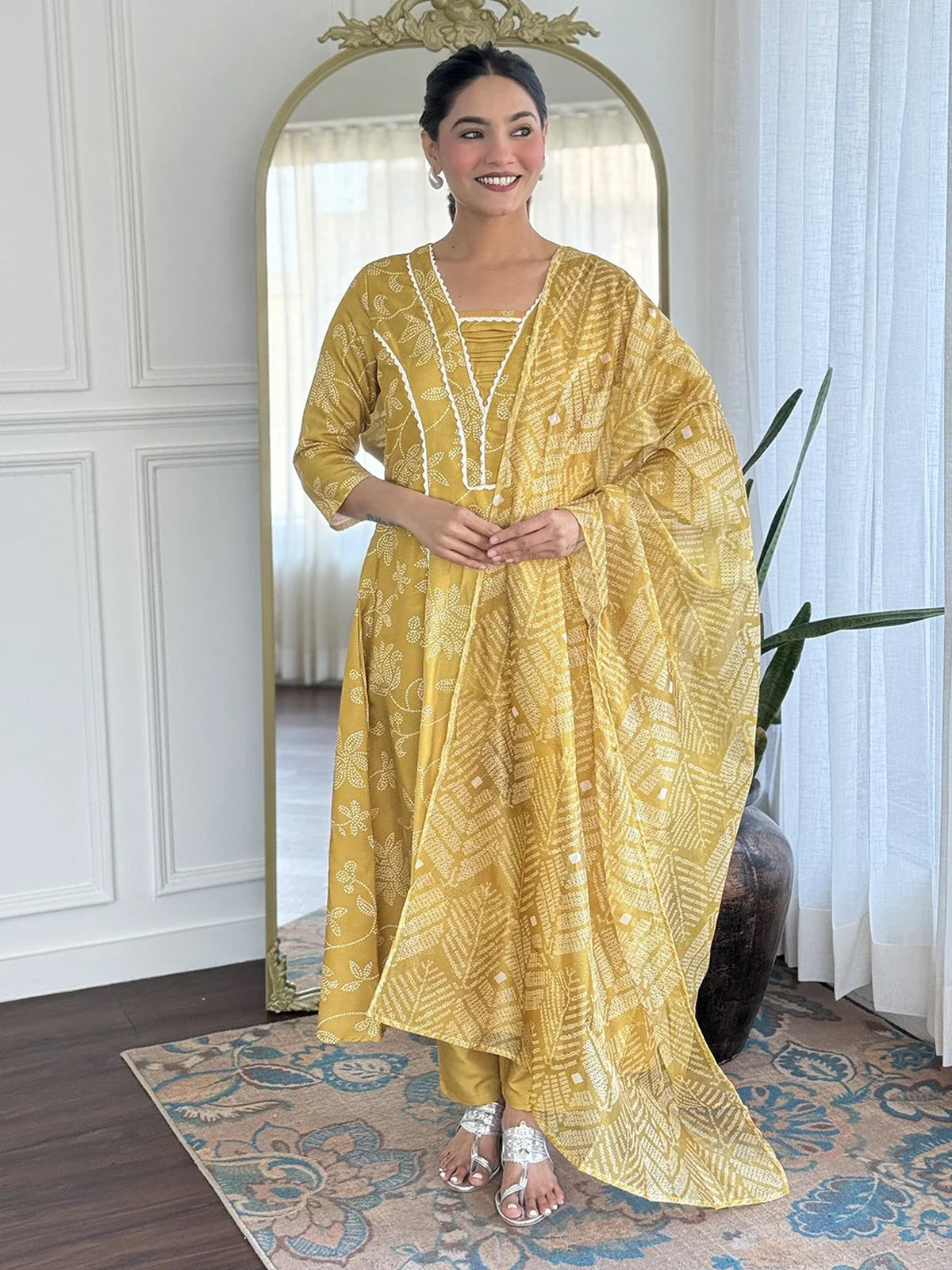 Tarani premium rayon yellow dress full view with printed dupatta for festive occasions