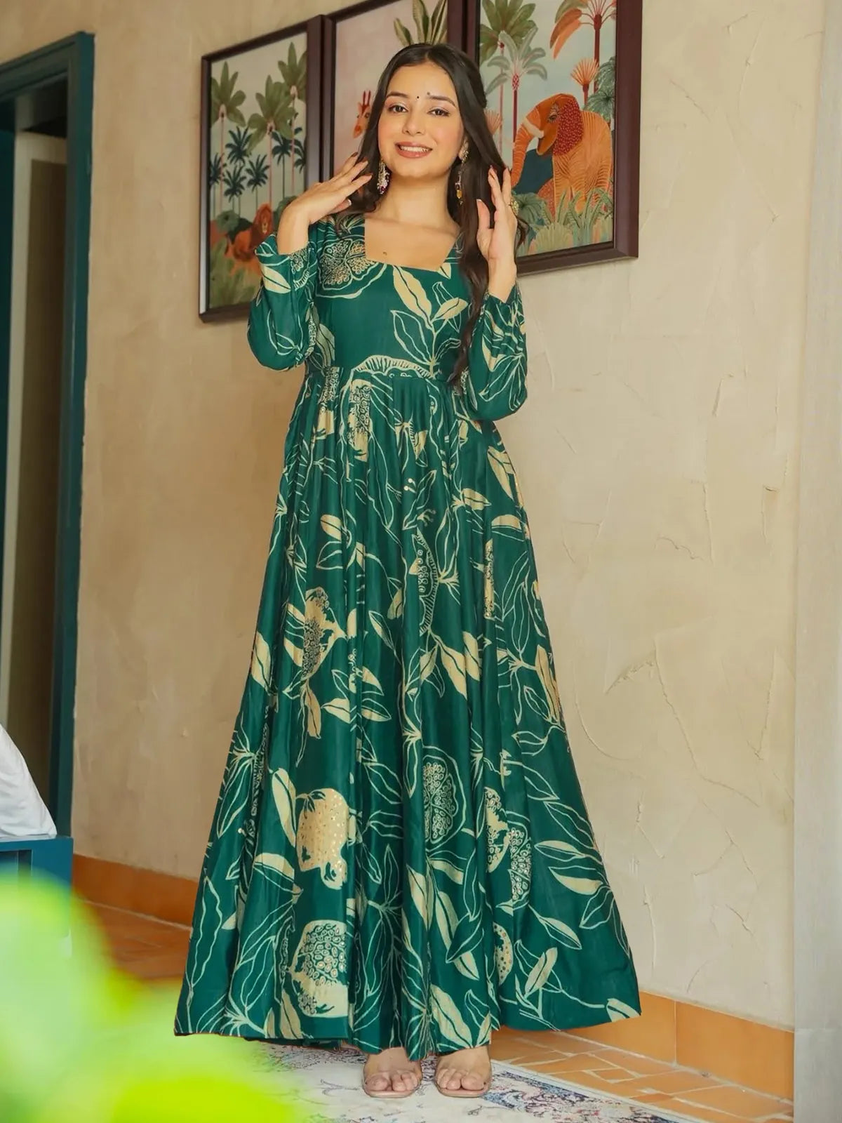 Tarani premium rayon green gown with digital print front view showcasing full-length flare