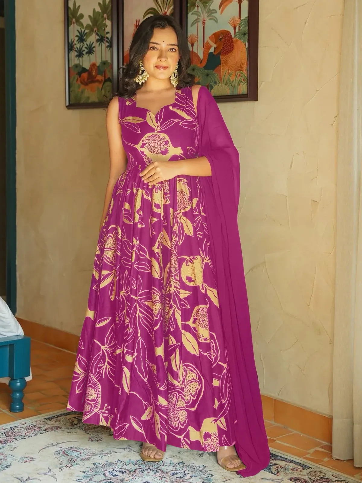 Tarani magenta rayon gown with yellow digital print and georgette dupatta for festive occasions
