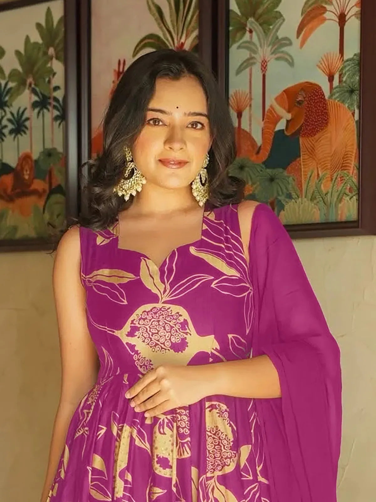 Tarani rayon gown closeup in magenta with floral print and soft fabric texture