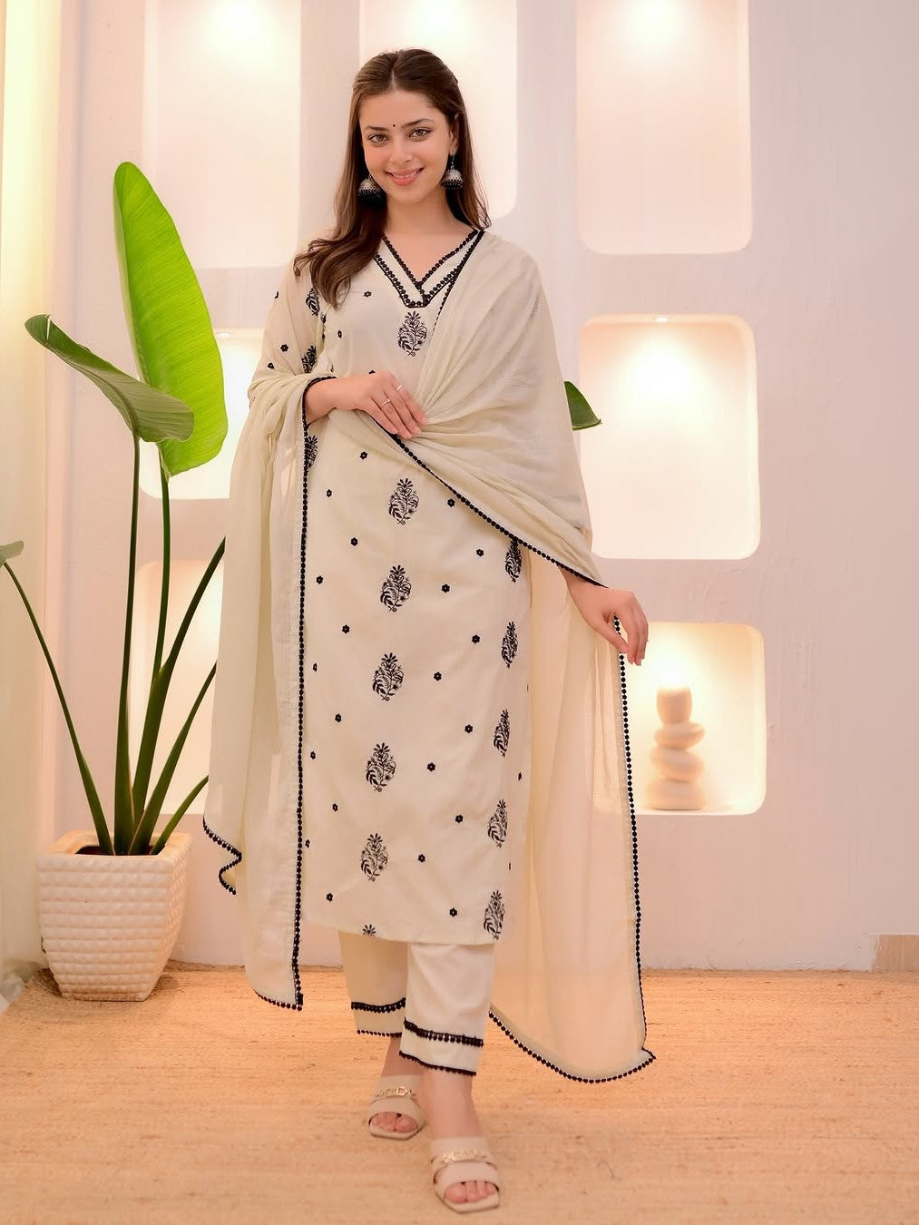 Tarani cream rayon slub kurti with dupatta full view