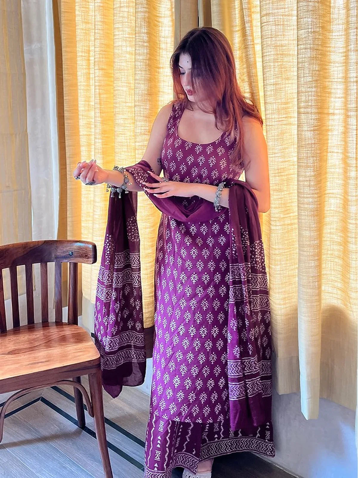 Tarani sleeveless rayon slub maroon printed dress with matching palazzo and dupatta full view