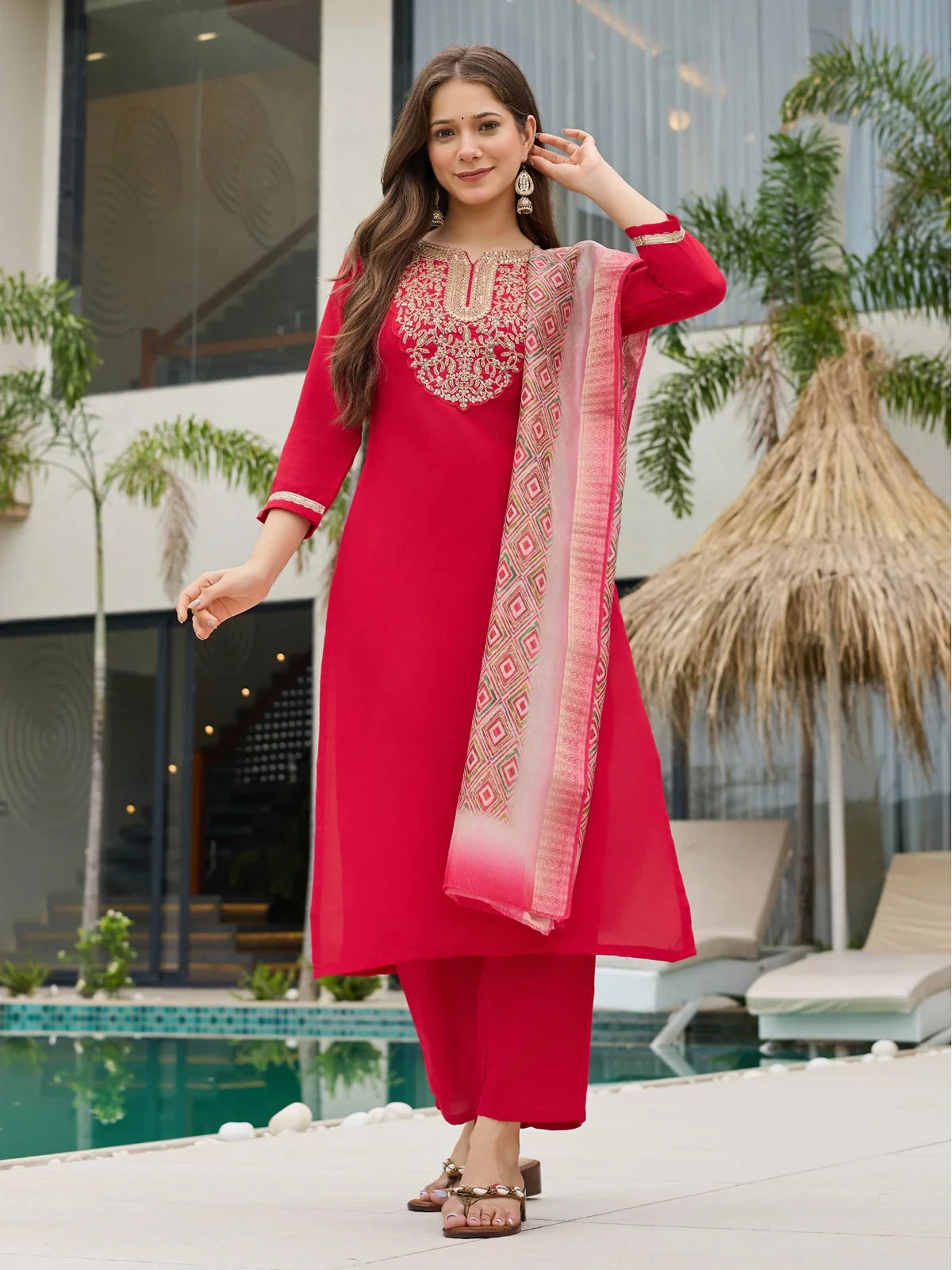 Tarani red rayon slub embroidered kurta set with pant and printed organza dupatta full view