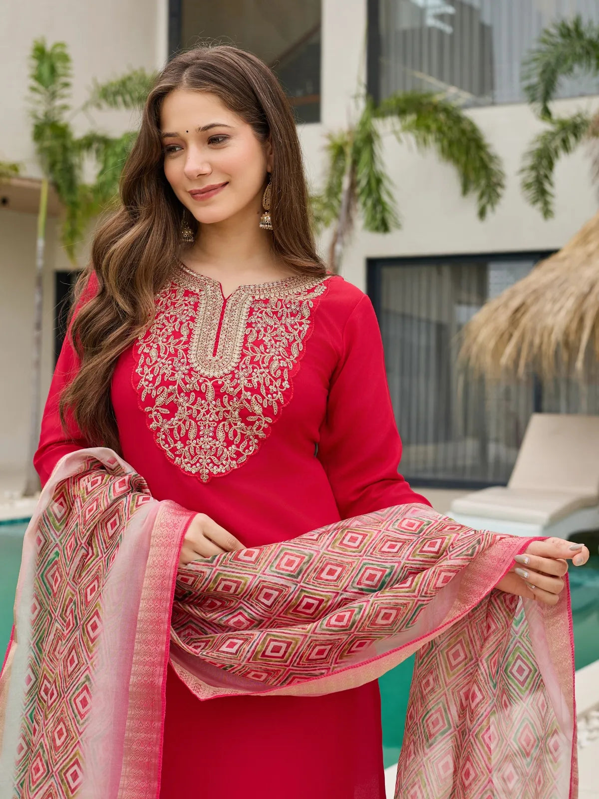 Tarani red rayon slub embroidered kurta set showing neckline embroidery and dupatta upper body view
