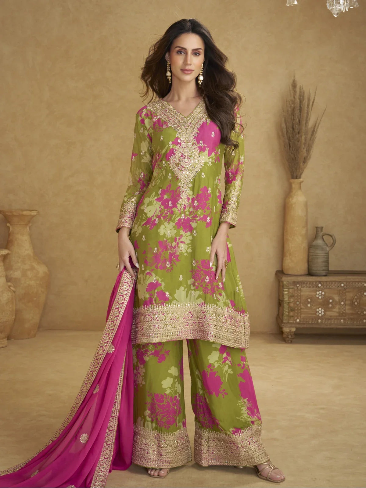 Tarani premium green and pink real chinon digital suit with embroidery full view