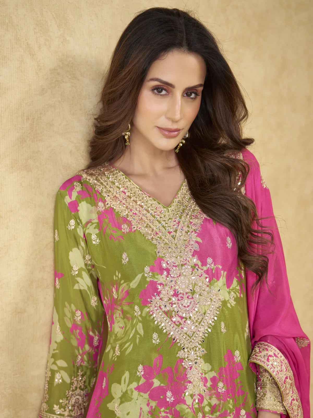 Tarani green and pink embroidered chinon suit upper body view with detailed neckline