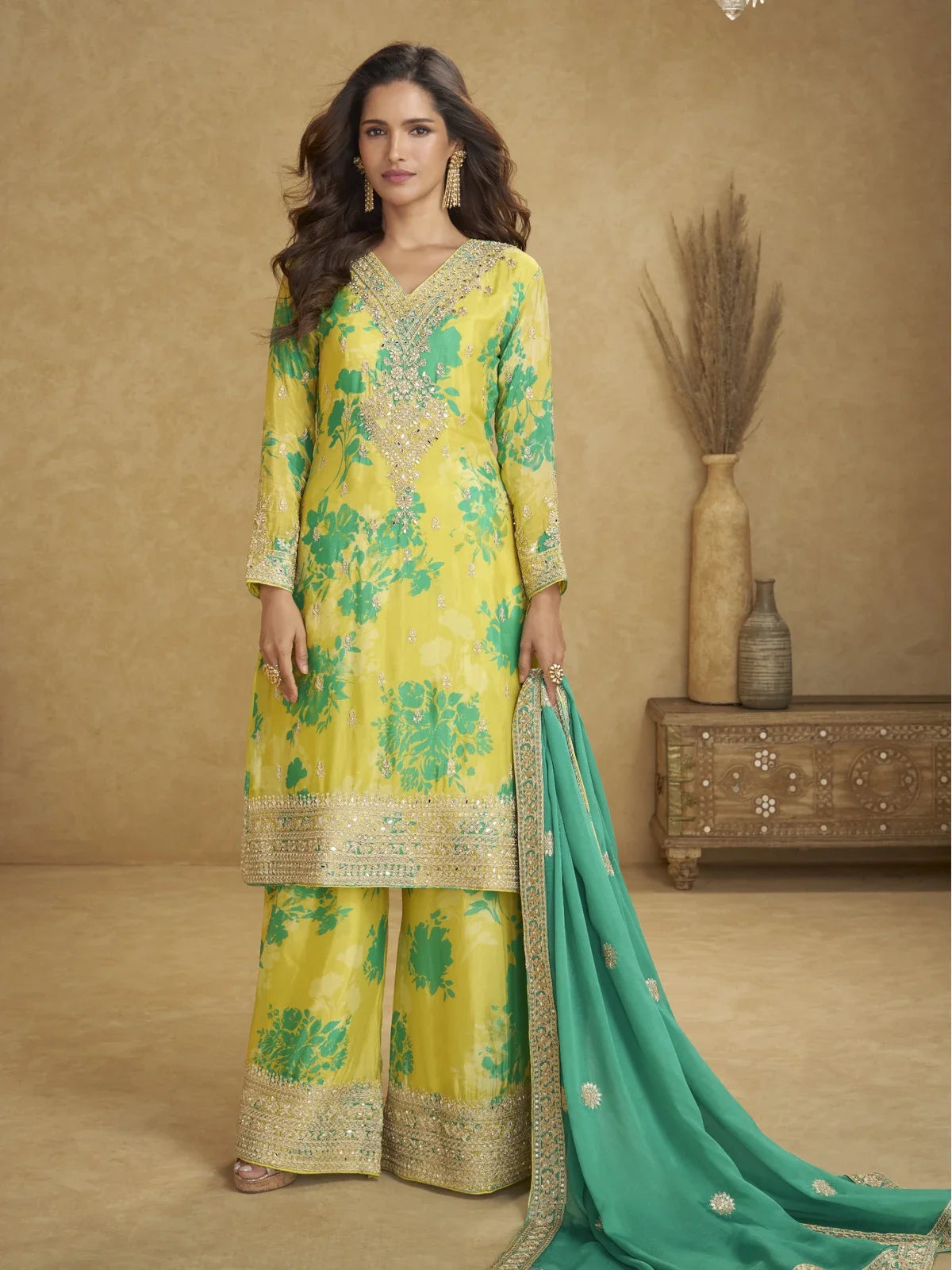 Tarani yellow chinon digital embroidered suit full view with palazzo and dupatta