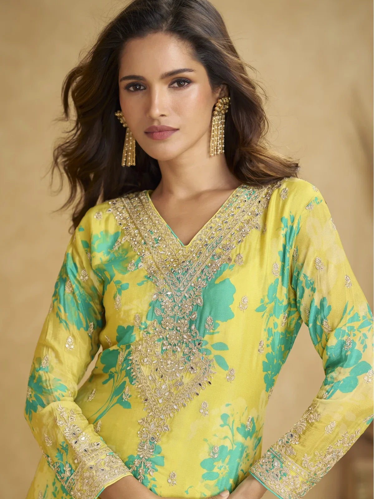 Tarani yellow chinon digital embroidered suit upper body with zari and sequin work