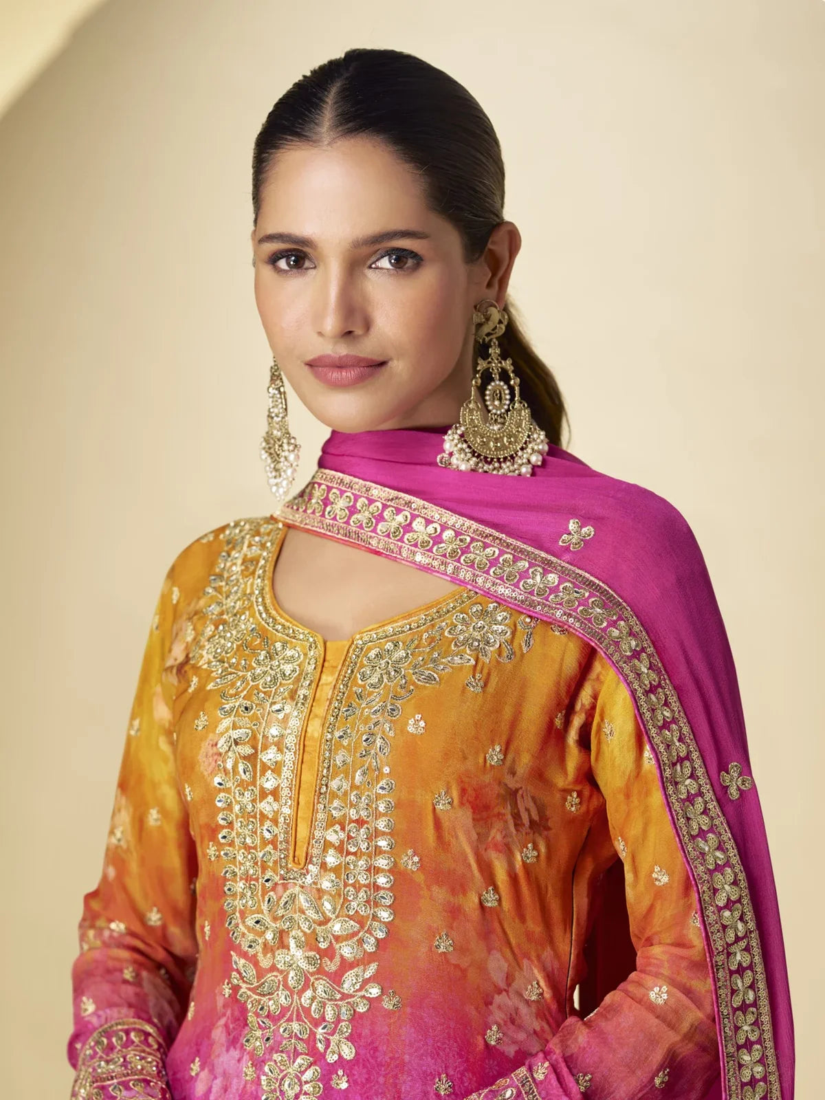 Tarani premium pink Real Chinon embroidered festive dress upper body close view