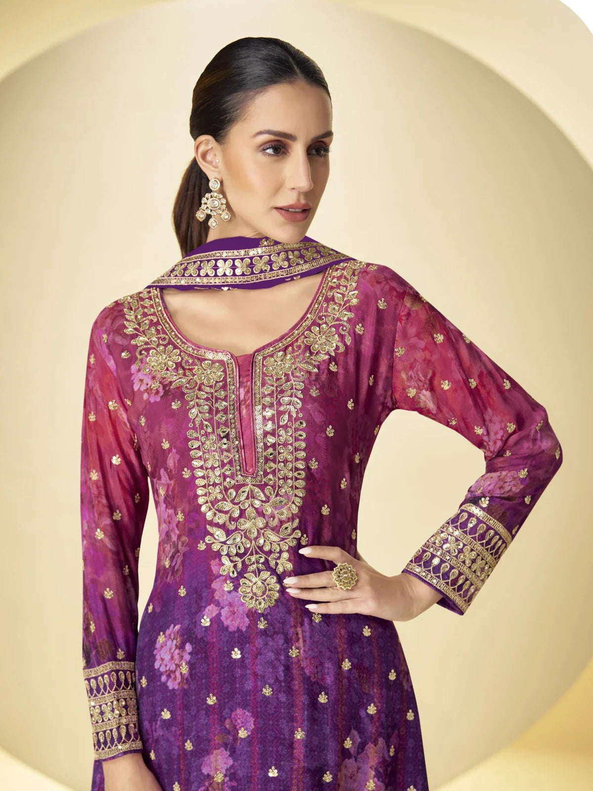 Tarani purple real chinon dress with zari embroidery upper body view