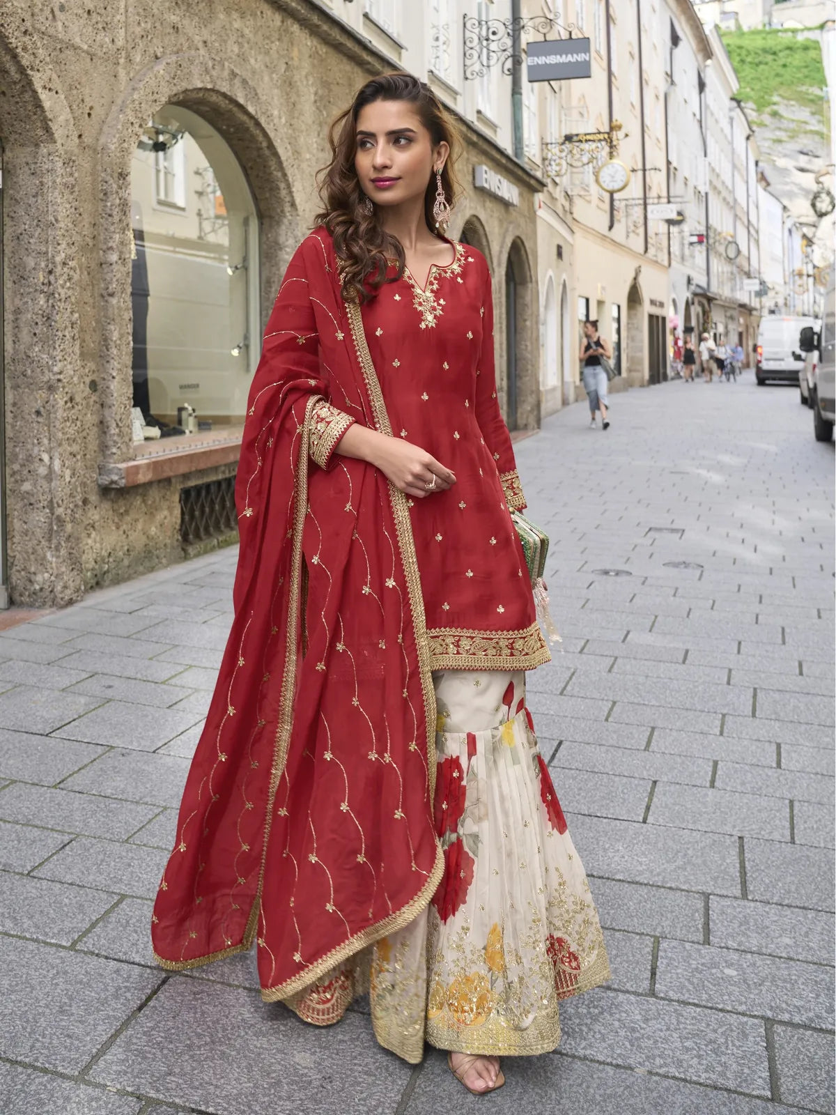 Tarani premium red Real Chinon sharara suit with embroidery full view