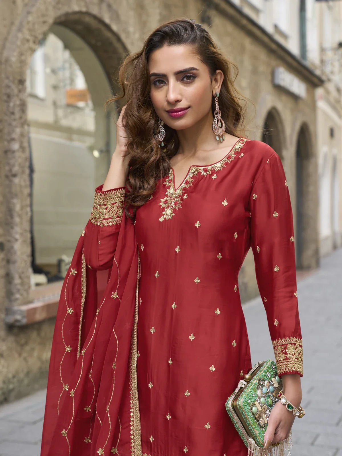 Tarani premium red Real Chinon sharara suit close upper body design view