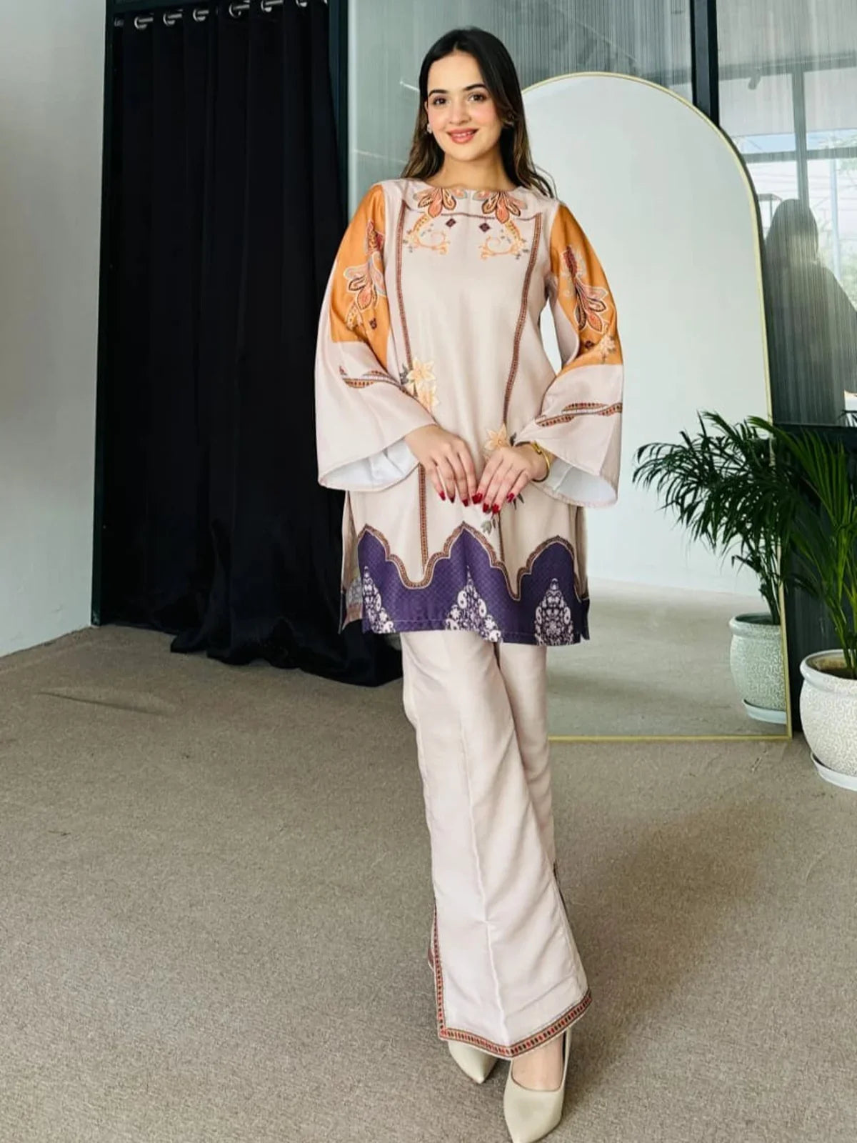 Tarani beige printed reyon kurti with flared sleeves and pants - full front pose