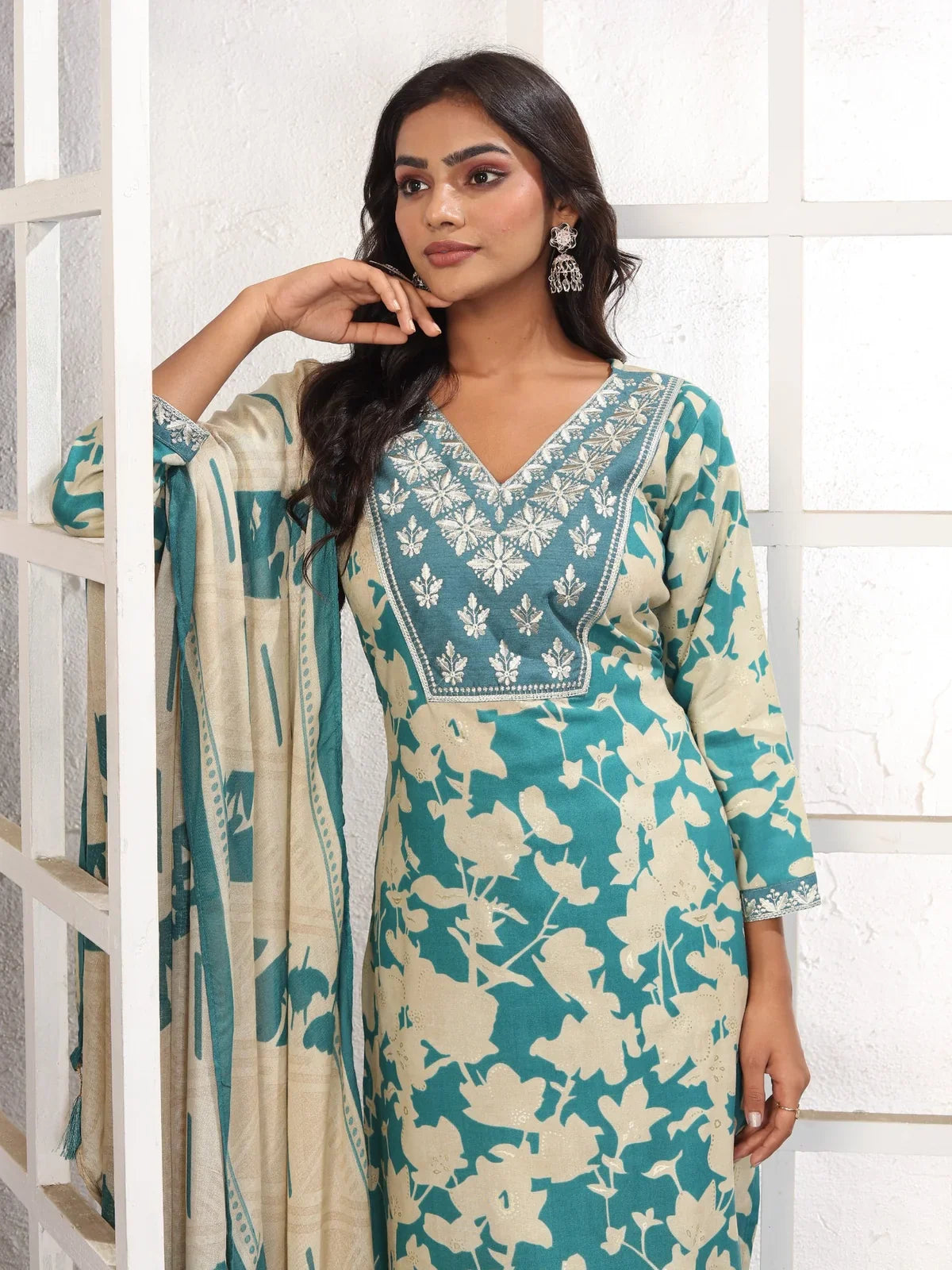 Tarani premium rayon dress upper body closeup showing embroidery and neckline