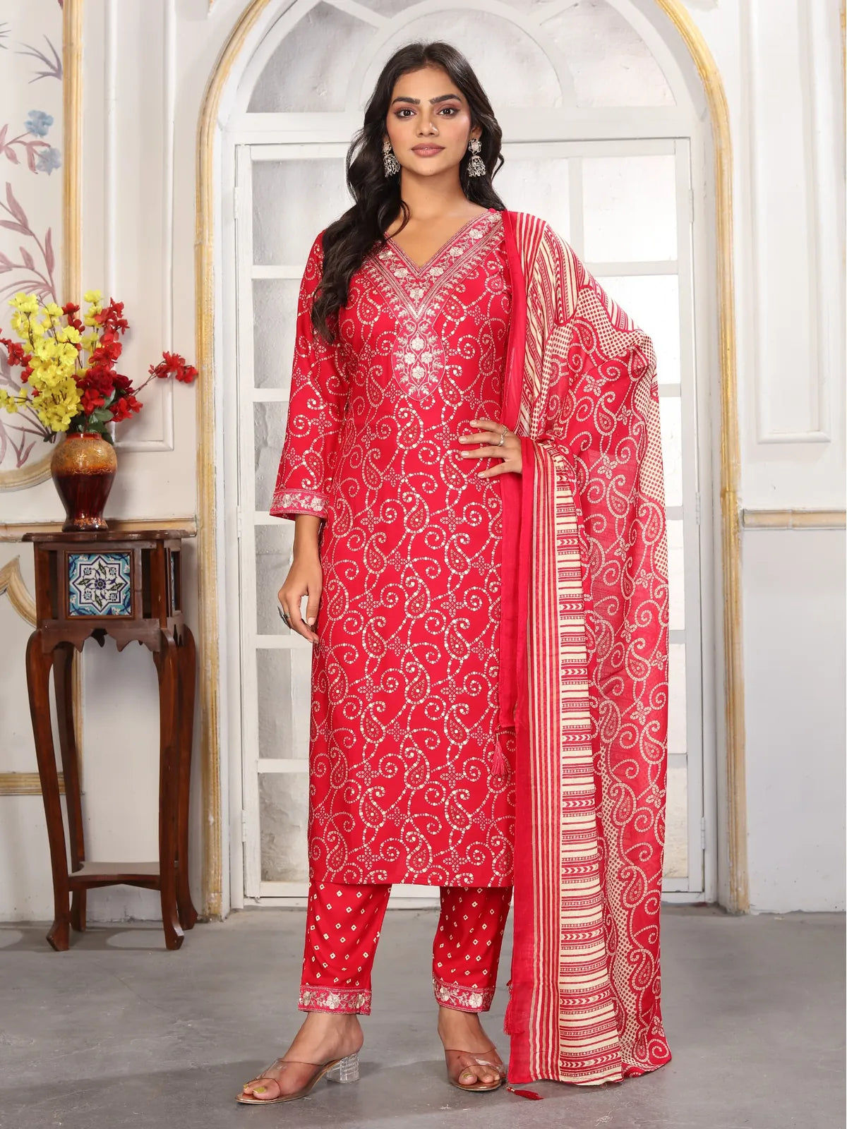 Tarani premium red riyon dress with embroidery and full dupatta for festive events