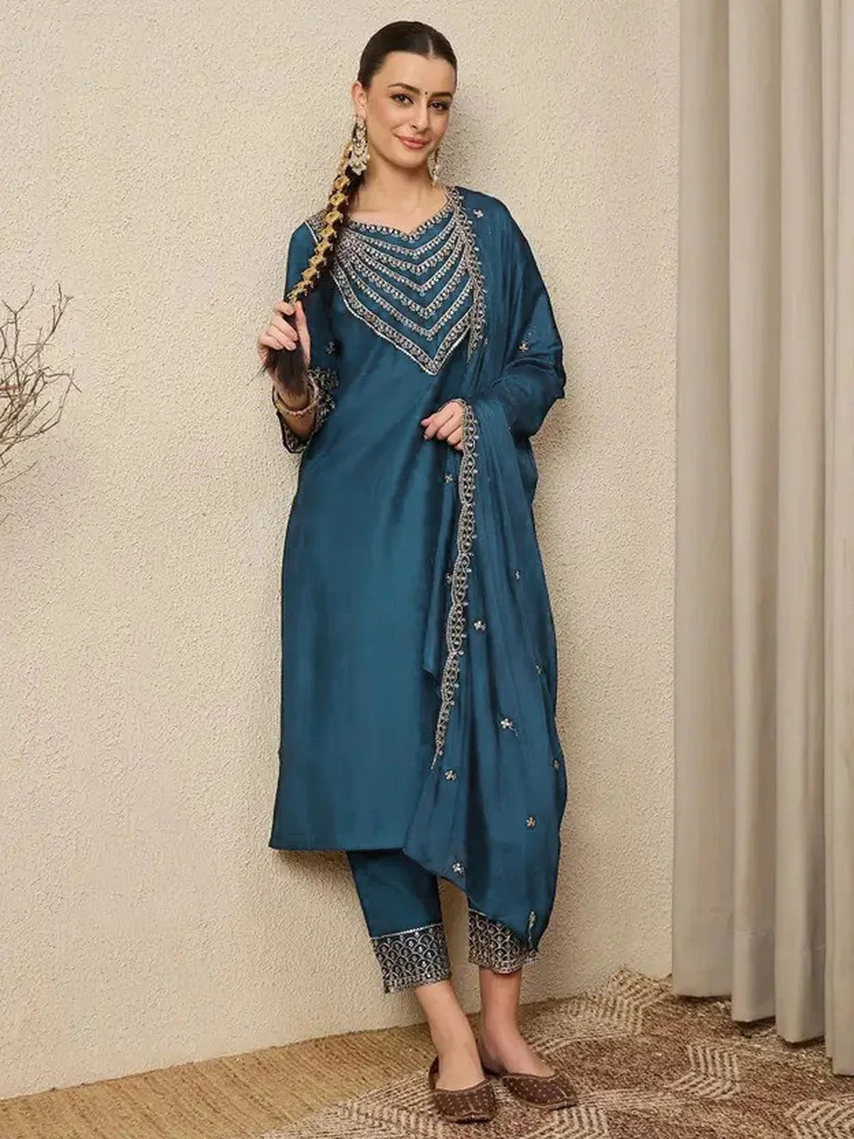 Tarani teal Roman dress front full view with embroidery and pant set