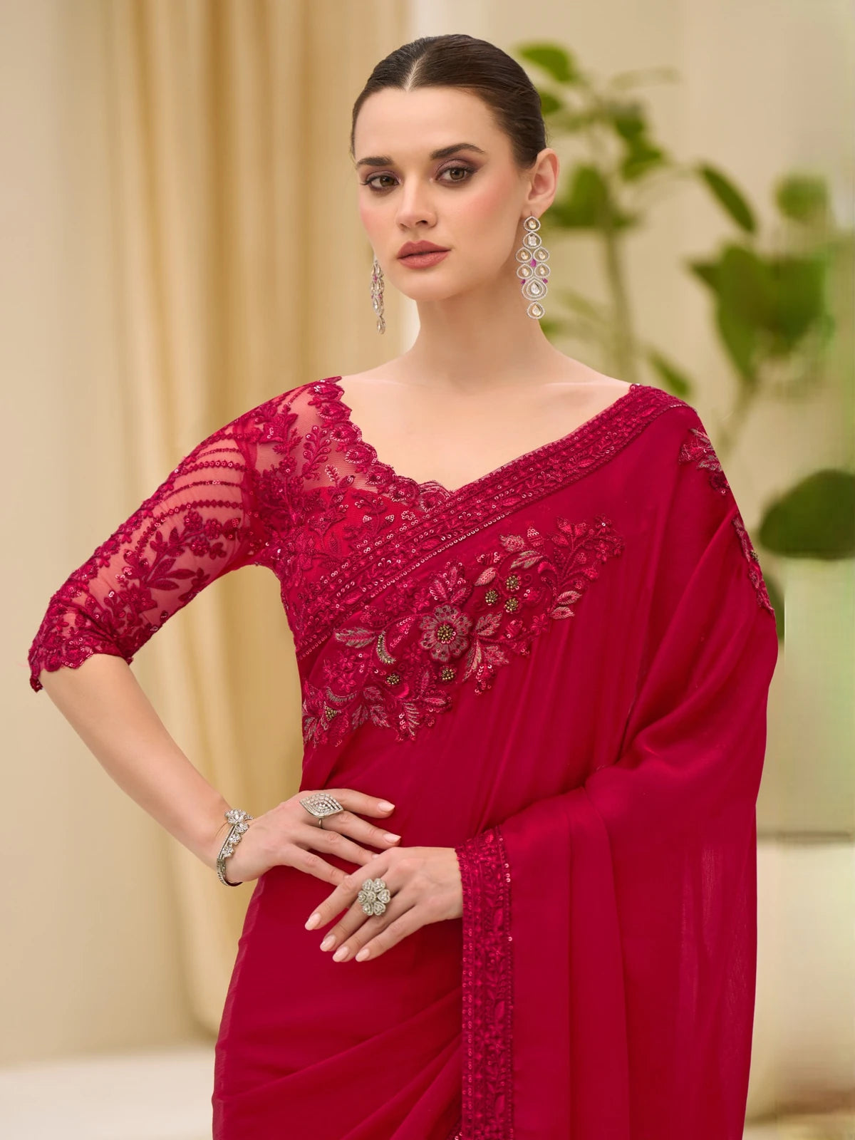 Tarani cherry red satin chiffon saree front view with embroidery detailing Shambhavi